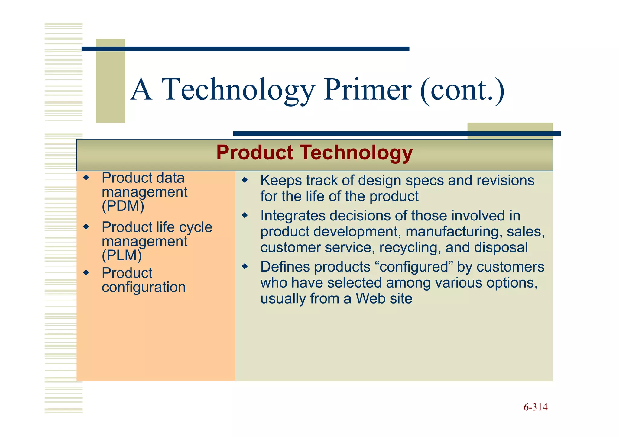 A Technology Primer (cont.)
                     Product Technology
Product data             Keeps track of design specs and revisions
management               for the life of the product
(PDM)
                         Integrates decisions of those involved in
Product life cycle       product development, manufacturing, sales,
management               customer service, recycling, and disposal
(PLM)
Product                  Defines products “configured” by customers
configuration            who have selected among various options,
                         usually from a Web site




                                                               6-314
 
