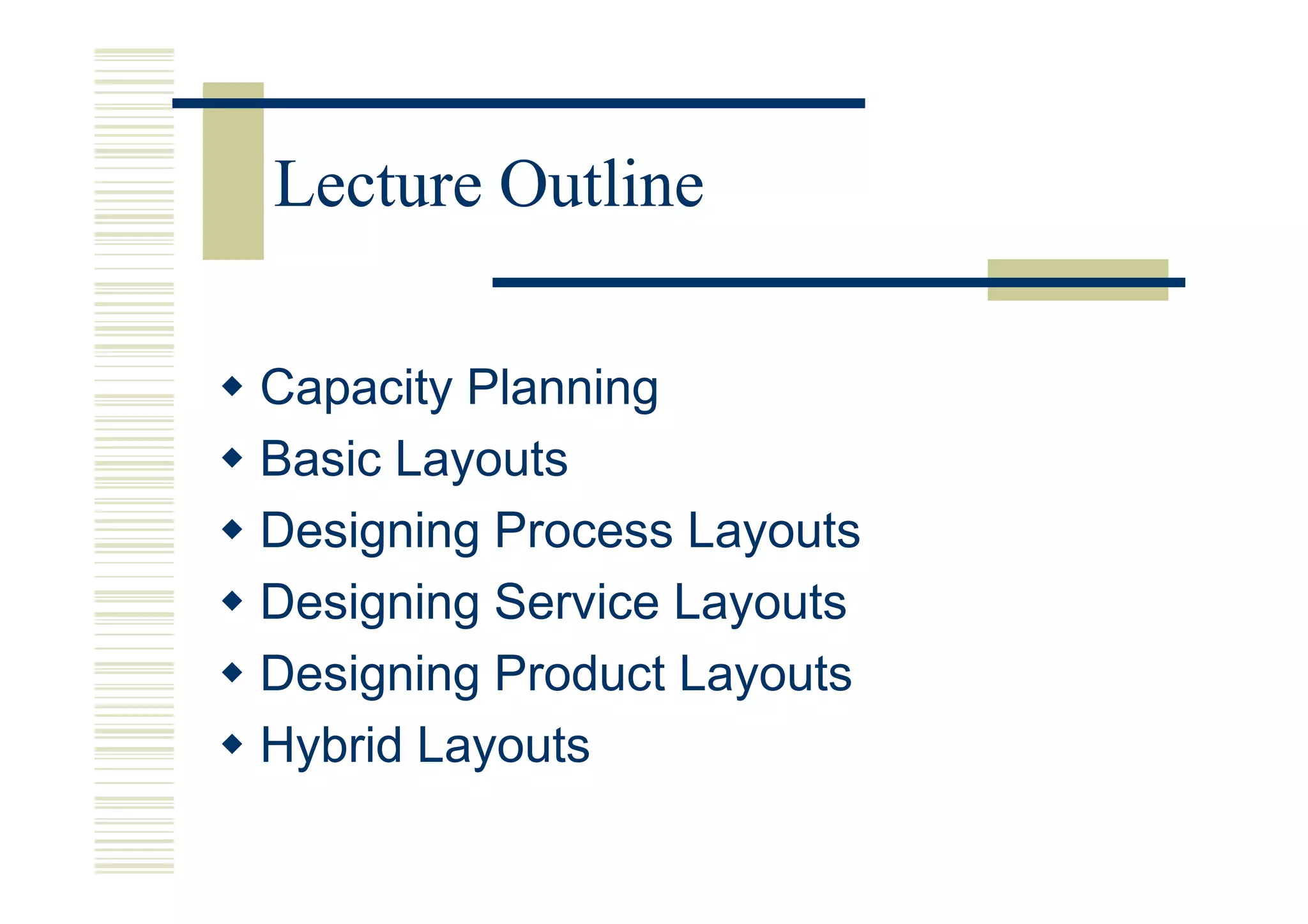 Lecture Outline

Capacity Planning
Basic Layouts
Designing Process Layouts
Designing Service Layouts
Designing Product Layouts
Hybrid Layouts
 