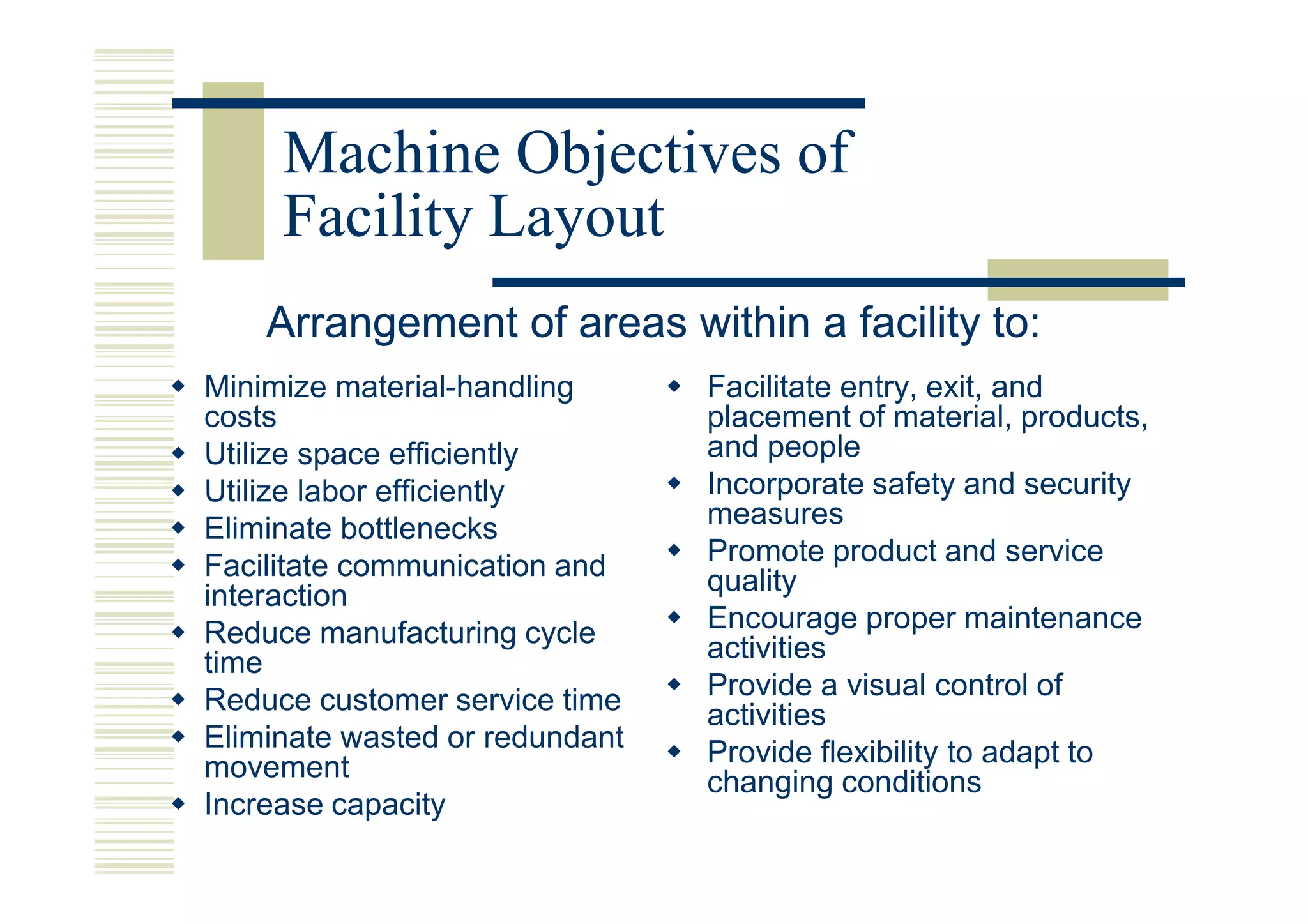 Machine Objectives of
     Facility Layout
    Arrangement of areas within a facility to:
Minimize material-handling      Facilitate entry, exit, and
costs                           placement of material, products,
Utilize space efficiently       and people
Utilize labor efficiently       Incorporate safety and security
Eliminate bottlenecks           measures
Facilitate communication and    Promote product and service
interaction                     quality
Reduce manufacturing cycle      Encourage proper maintenance
time                            activities
Reduce customer service time    Provide a visual control of
                                activities
Eliminate wasted or redundant   Provide flexibility to adapt to
movement                        changing conditions
Increase capacity
 
