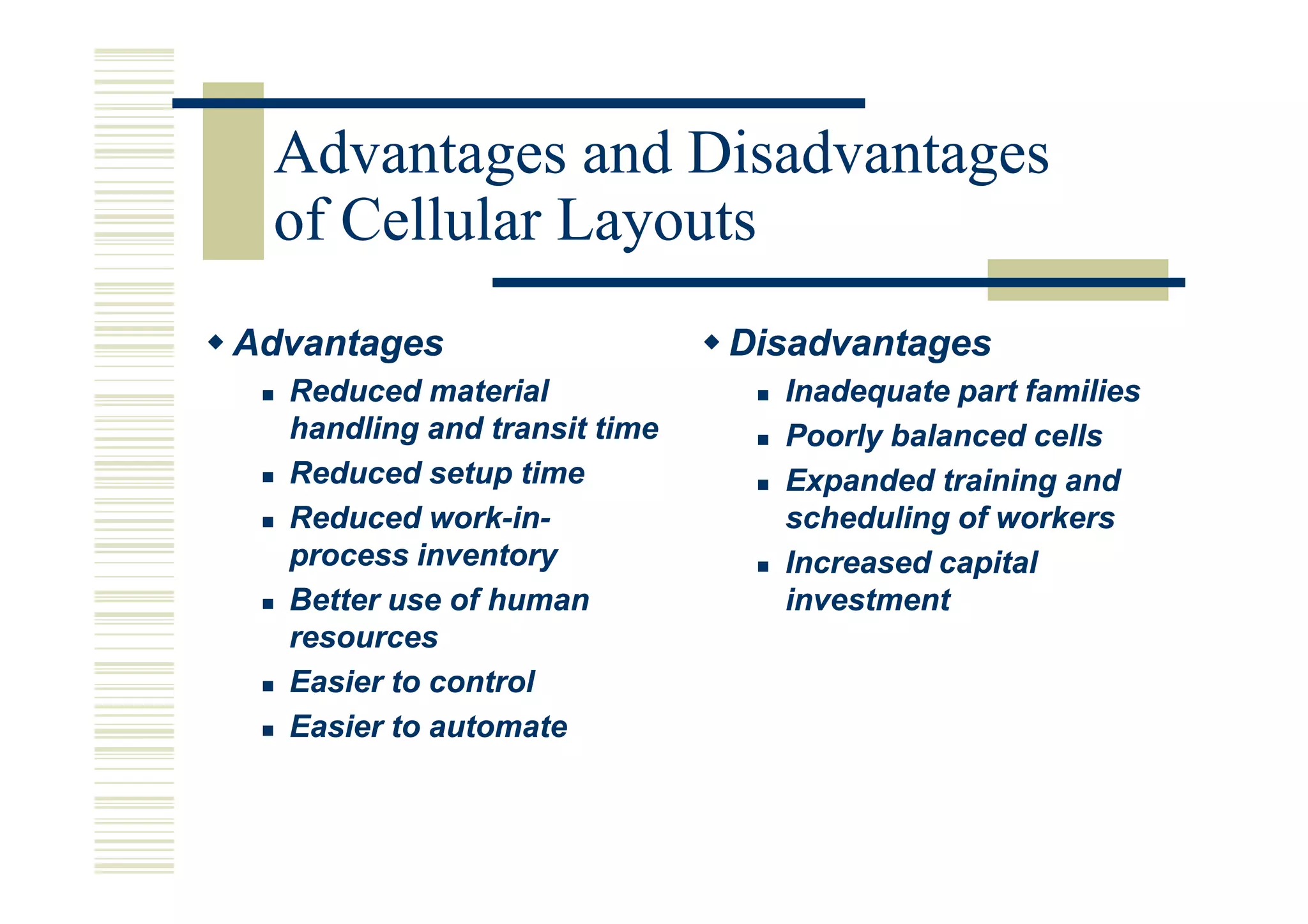Advantages and Disadvantages
 of Cellular Layouts
Advantages                    Disadvantages
  Reduced material              Inadequate part families
  handling and transit time     Poorly balanced cells
  Reduced setup time            Expanded training and
  Reduced work-in-
            work-in-            scheduling of workers
  process inventory             Increased capital
  Better use of human           investment
  resources
  Easier to control
  Easier to automate
 