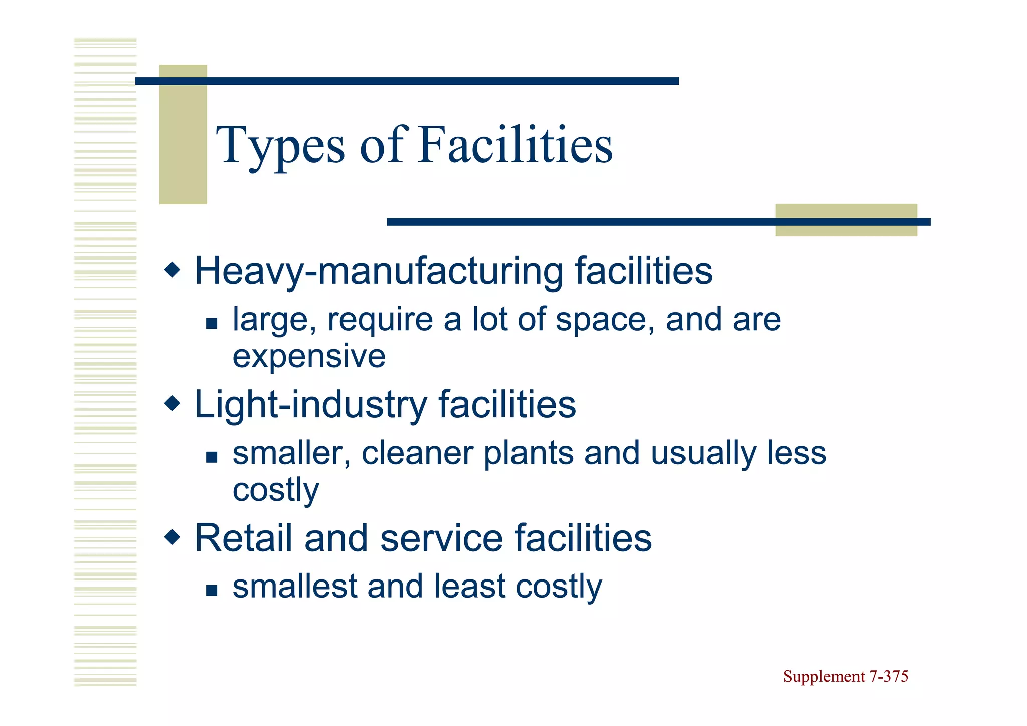 Types of Facilities

Heavy-
Heavy-manufacturing facilities
  large, require a lot of space, and are
  expensive
Light-
Light-industry facilities
  smaller, cleaner plants and usually less
  costly
Retail and service facilities
  smallest and least costly

                                           Supplement 7-375
                                                      7-
 
