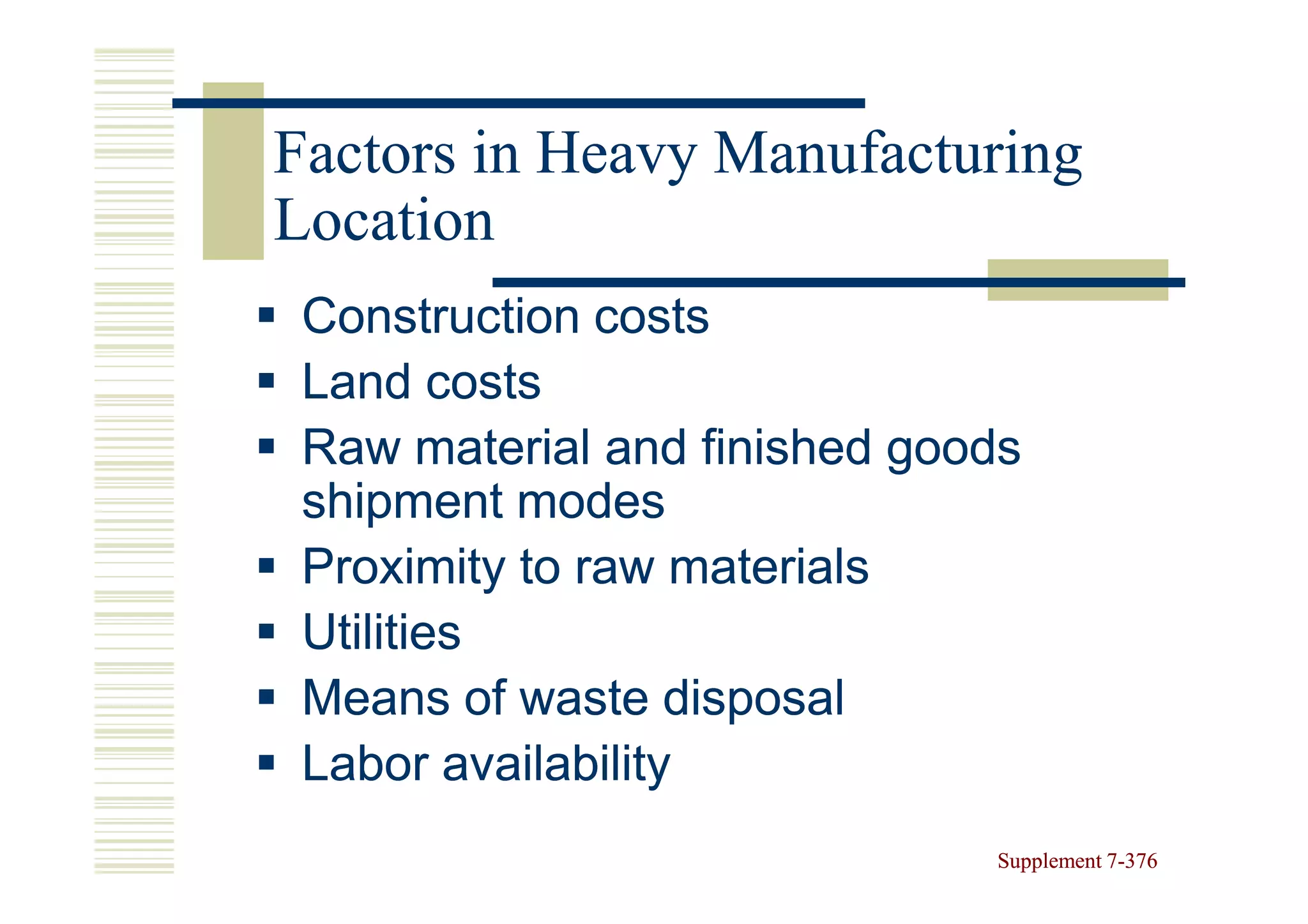 Factors in Heavy Manufacturing
Location
 Construction costs
 Land costs
 Raw material and finished goods
 shipment modes
 Proximity to raw materials
 Utilities
 Means of waste disposal
 Labor availability
                              Supplement 7-376
                                         7-
 
