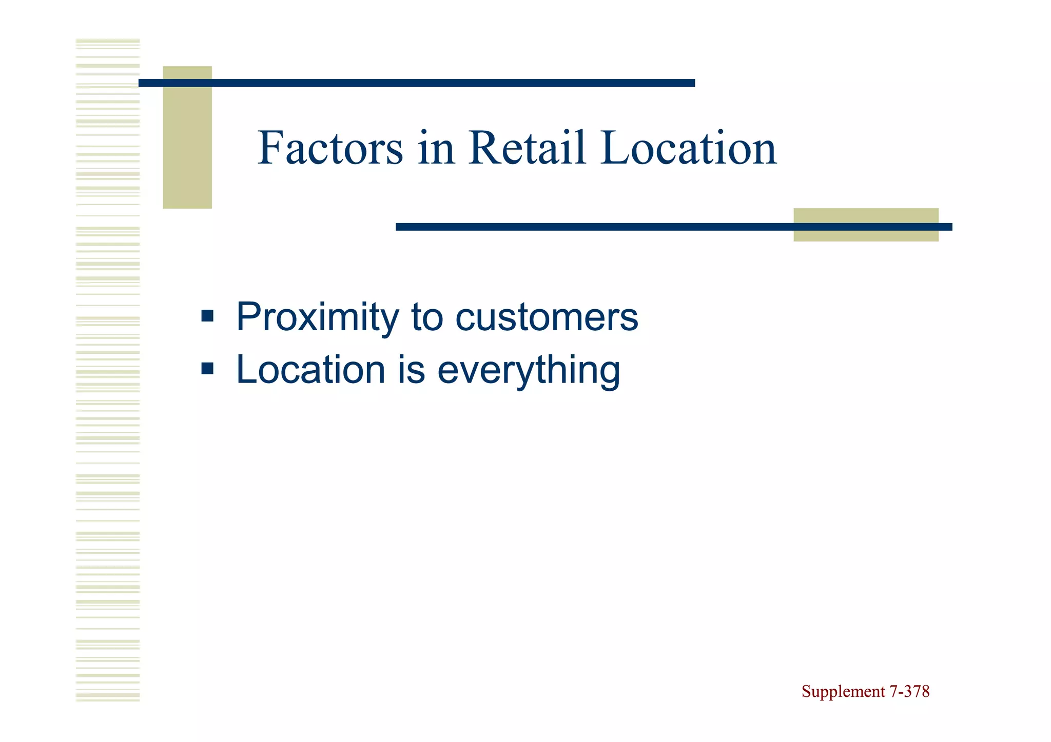 Factors in Retail Location


Proximity to customers
Location is everything




                              Supplement 7-378
                                         7-
 