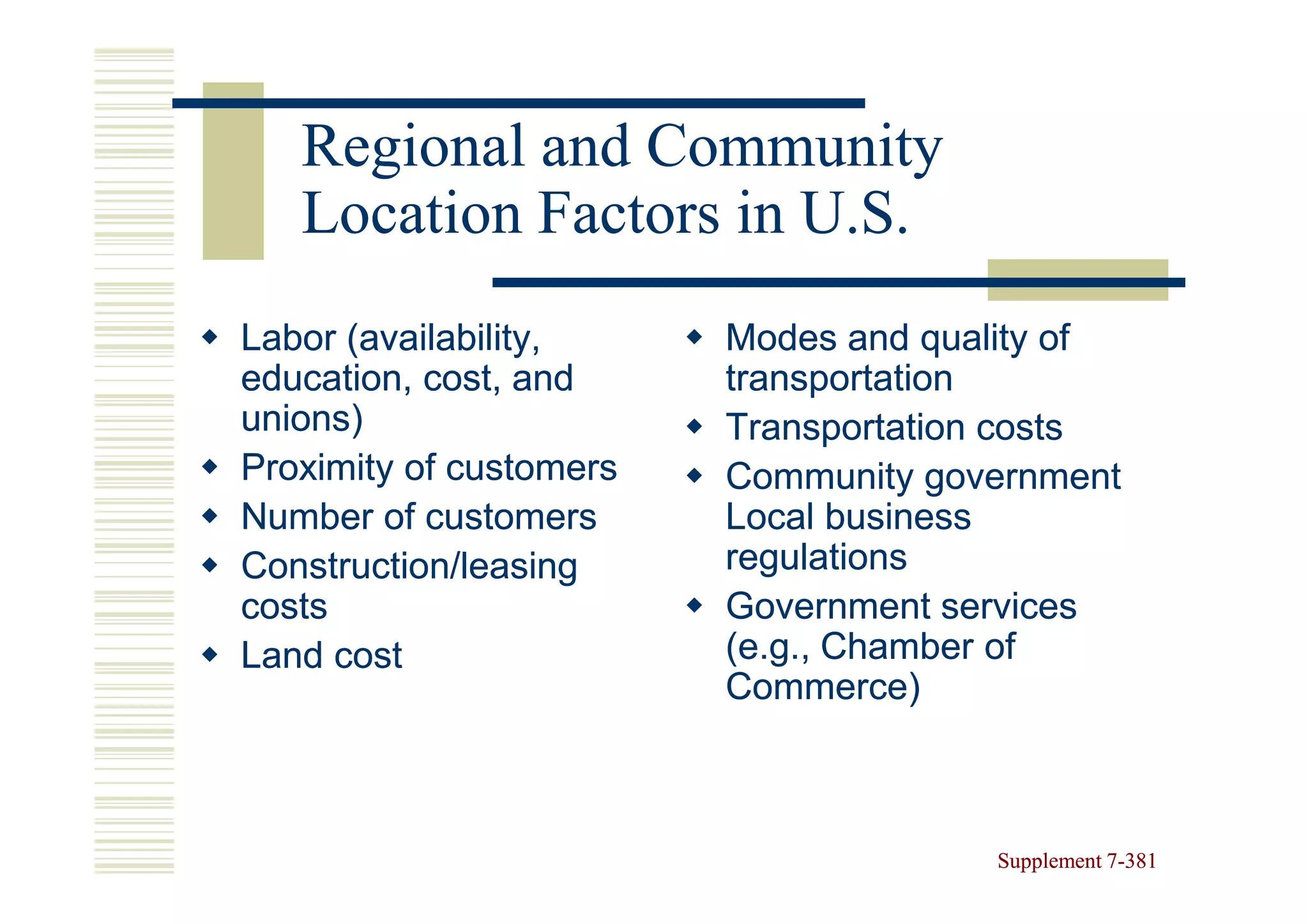 Regional and Community
   Location Factors in U.S.
Labor (availability,     Modes and quality of
education, cost, and     transportation
unions)                  Transportation costs
Proximity of customers   Community government
Number of customers      Local business
Construction/leasing     regulations
costs                    Government services
Land cost                (e.g., Chamber of
                         Commerce)



                                      Supplement 7-381
                                                 7-
 