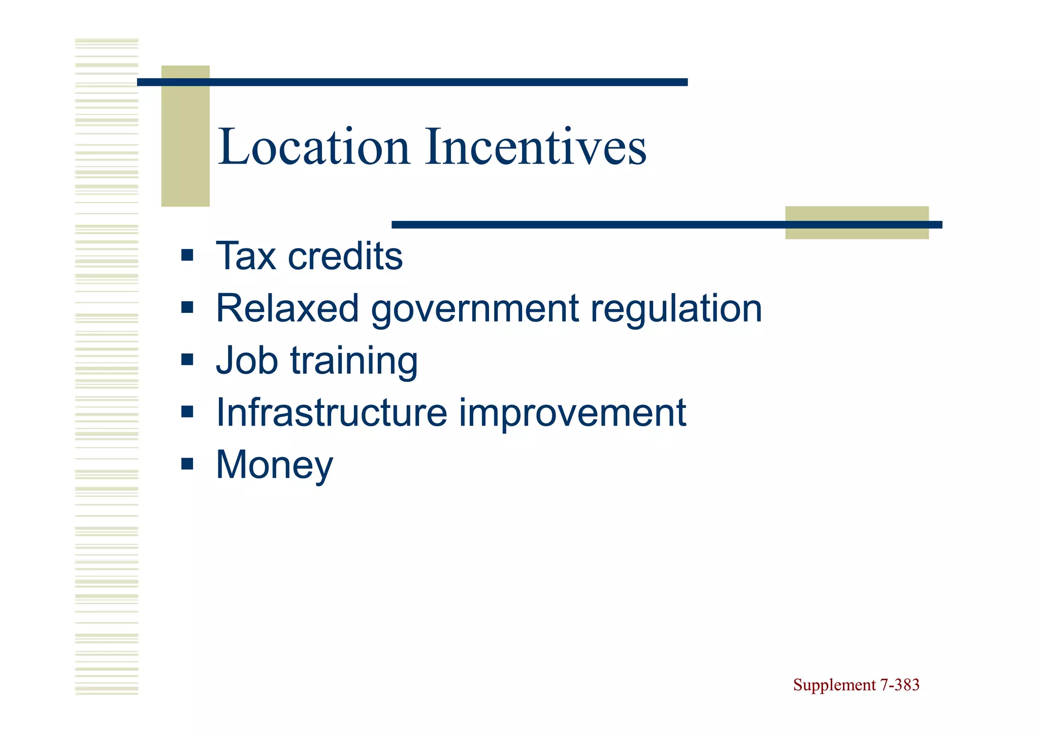 Location Incentives
Tax credits
Relaxed government regulation
Job training
Infrastructure improvement
Money




                                Supplement 7-383
                                           7-
 