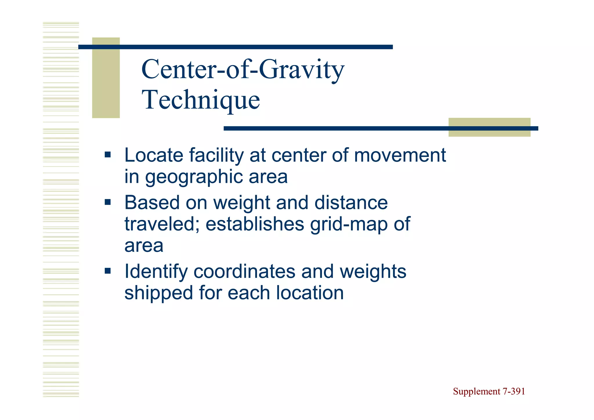Center-of-
 Center-of-Gravity
 Technique
Locate facility at center of movement
in geographic area
Based on weight and distance
traveled; establishes grid-map of
                       grid-
area
Identify coordinates and weights
shipped for each location



                                        Supplement 7-391
                                                   7-
 