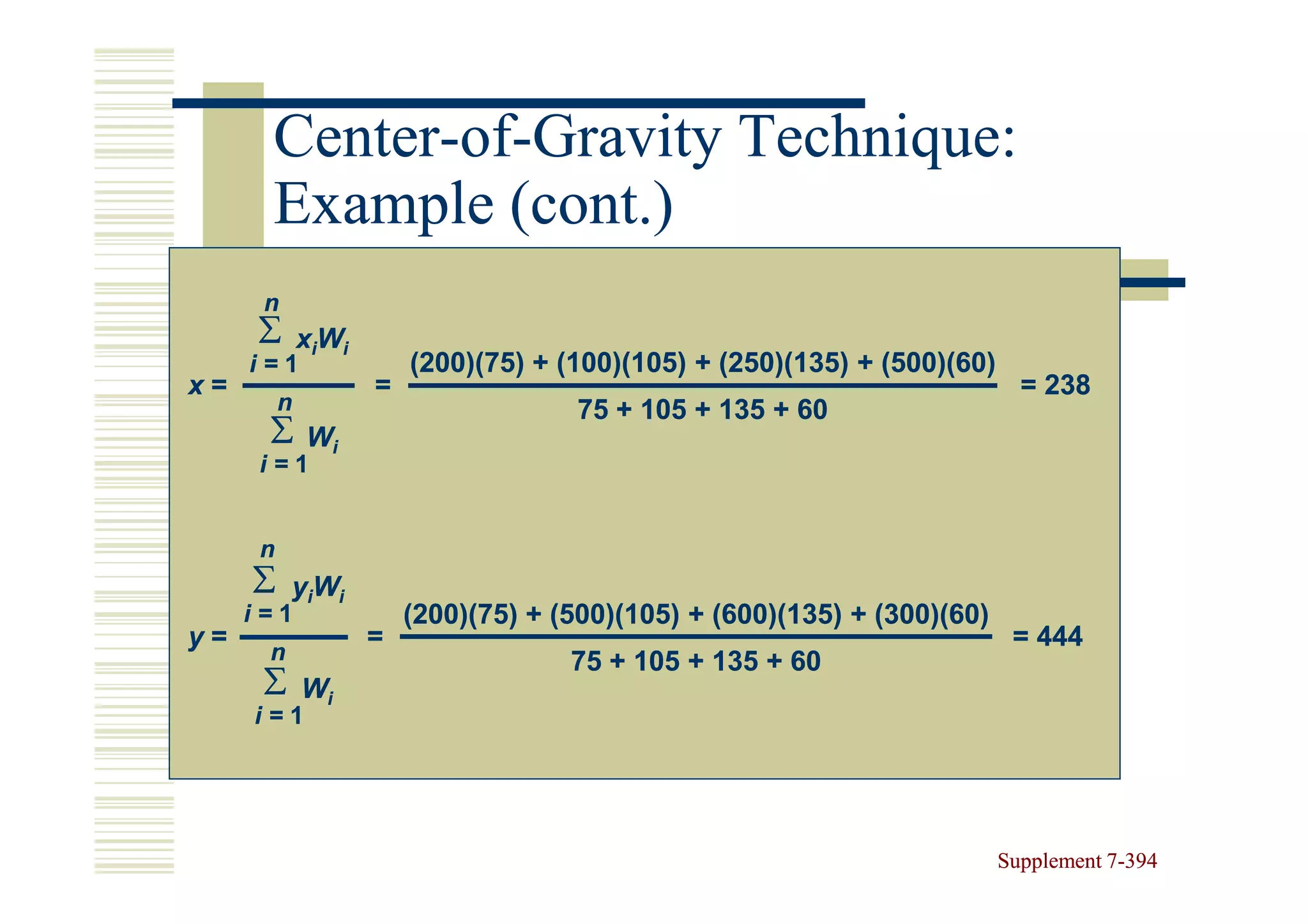Center-of-
      Center-of-Gravity Technique:
      Example (cont.)
      n
     ∑ xiWi
     i=1          (200)(75) + (100)(105) + (250)(135) + (500)(60)
x=            =                                                       = 238
         n                     75 + 105 + 135 + 60
      ∑ Wi
     i=1


     n
     ∑ yiWi
     i=1          (200)(75) + (500)(105) + (600)(135) + (300)(60)
y=            =                                                      = 444
      n                        75 + 105 + 135 + 60
      ∑ Wi
     i=1




                                                                    Supplement 7-394
                                                                               7-
 