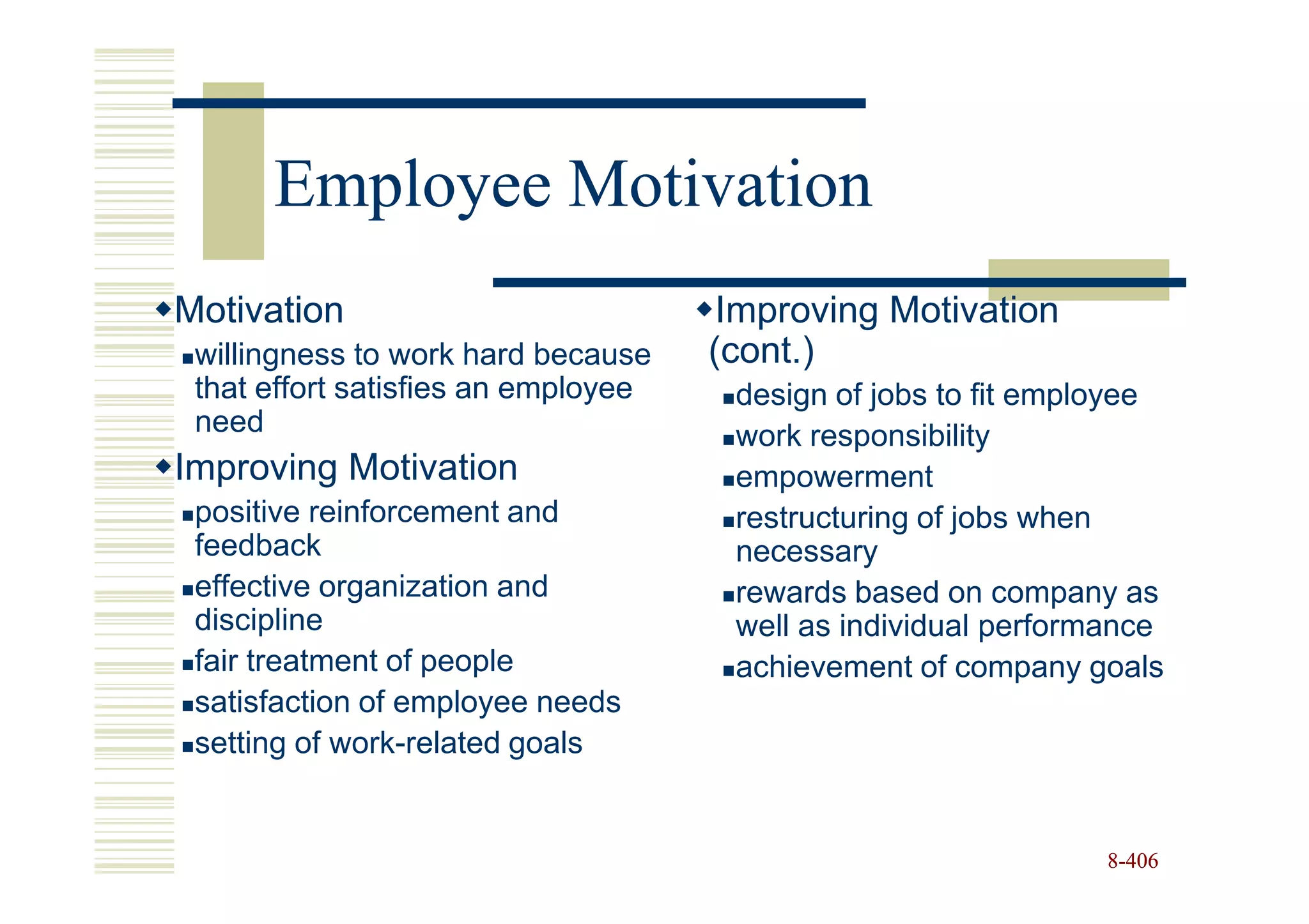 Employee Motivation
Motivation                            Improving Motivation
 willingness to work hard because    (cont.)
 that effort satisfies an employee    design of jobs to fit employee
 need                                 work responsibility
Improving Motivation                  empowerment
 positive reinforcement and           restructuring of jobs when
 feedback                             necessary
 effective organization and           rewards based on company as
 discipline                           well as individual performance
 fair treatment of people             achievement of company goals
 satisfaction of employee needs
 setting of work-related goals


                                                                8-406
 