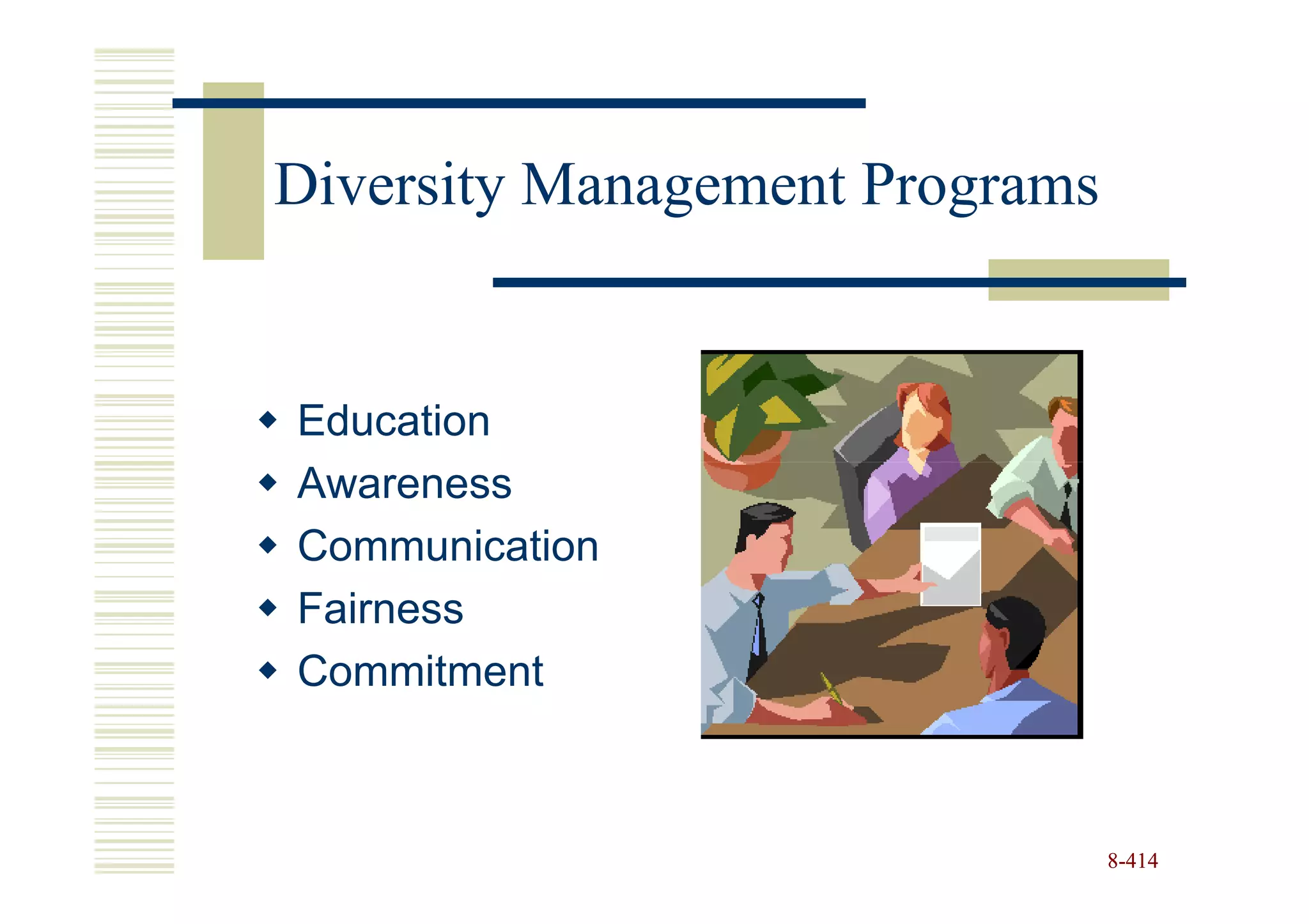 Diversity Management Programs


Education
Awareness
Communication
Fairness
Commitment



                                8-414
 