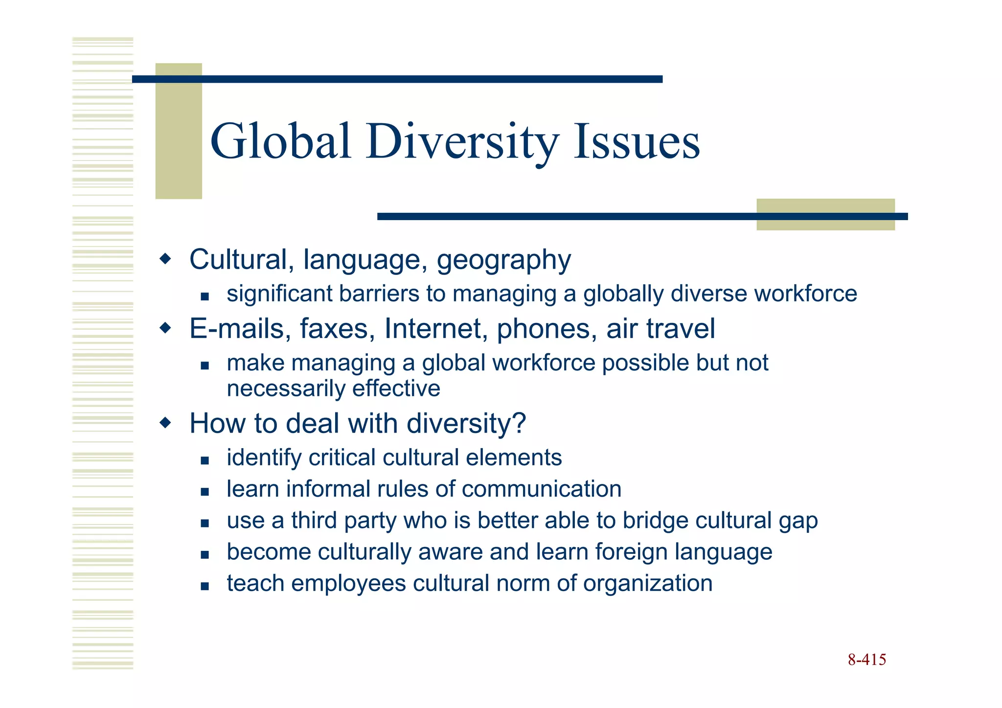 Global Diversity Issues

Cultural, language, geography
   significant barriers to managing a globally diverse workforce
E-mails, faxes, Internet, phones, air travel
   make managing a global workforce possible but not
   necessarily effective
How to deal with diversity?
   identify critical cultural elements
   learn informal rules of communication
   use a third party who is better able to bridge cultural gap
   become culturally aware and learn foreign language
   teach employees cultural norm of organization


                                                                 8-415
 