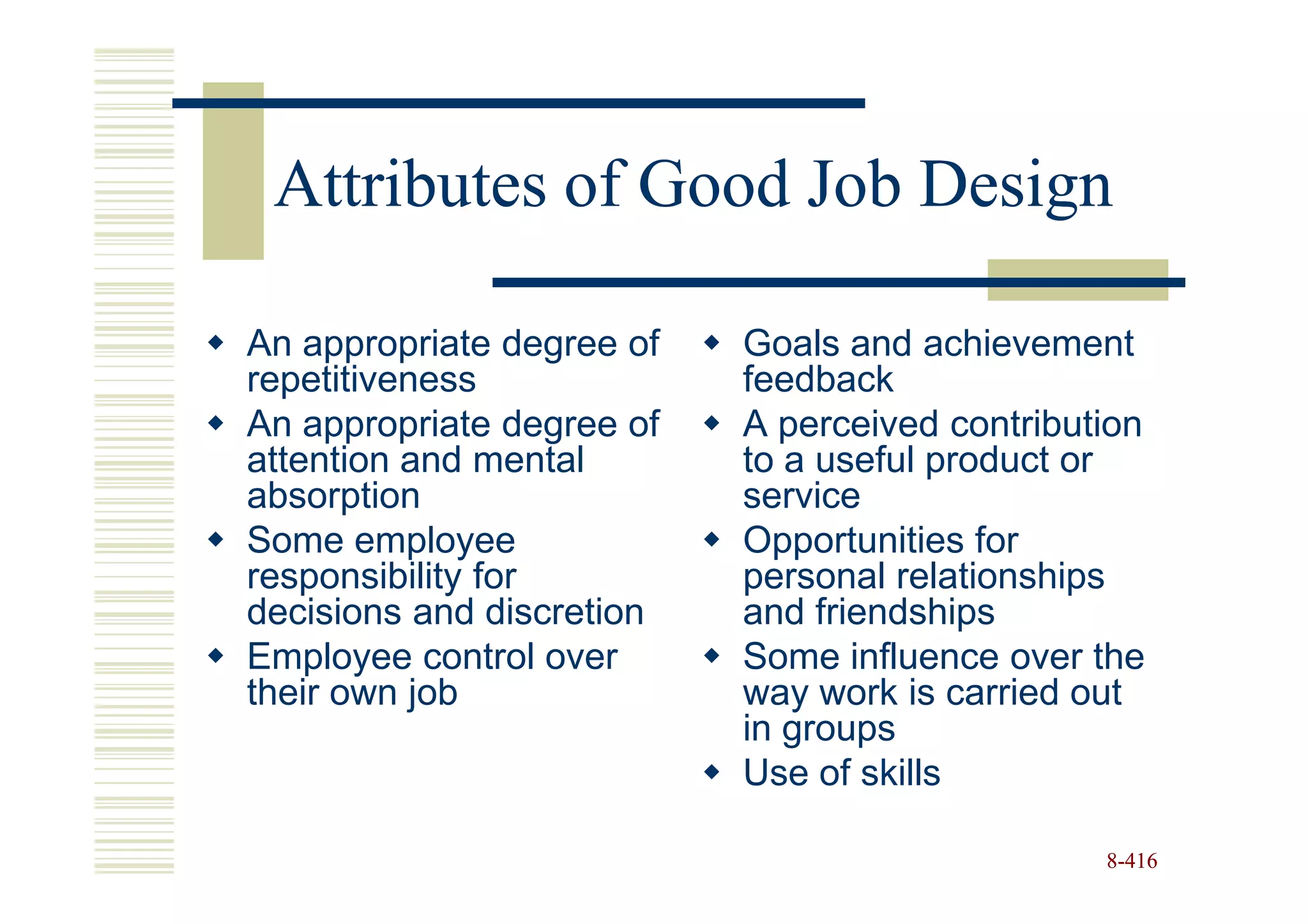 Attributes of Good Job Design

An appropriate degree of   Goals and achievement
repetitiveness             feedback
An appropriate degree of   A perceived contribution
attention and mental       to a useful product or
absorption                 service
Some employee              Opportunities for
responsibility for         personal relationships
decisions and discretion   and friendships
Employee control over      Some influence over the
their own job              way work is carried out
                           in groups
                           Use of skills

                                                8-416
 