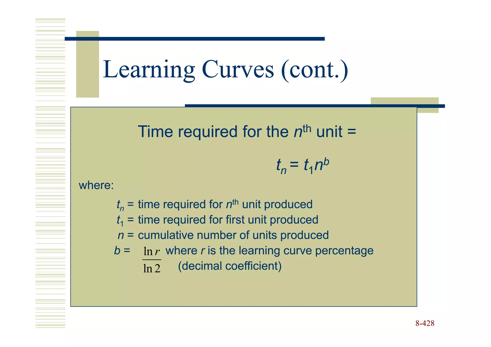 Learning Curves (cont.)

            Time required for the nth unit =

                                       tn = t1n b
where:
     tn =   time required for nth unit produced
     t1 =   time required for first unit produced
     n=     cumulative number of units produced
     b=       ln r where r is the learning curve percentage
              ln 2 (decimal coefficient)



                                                              8-428
 