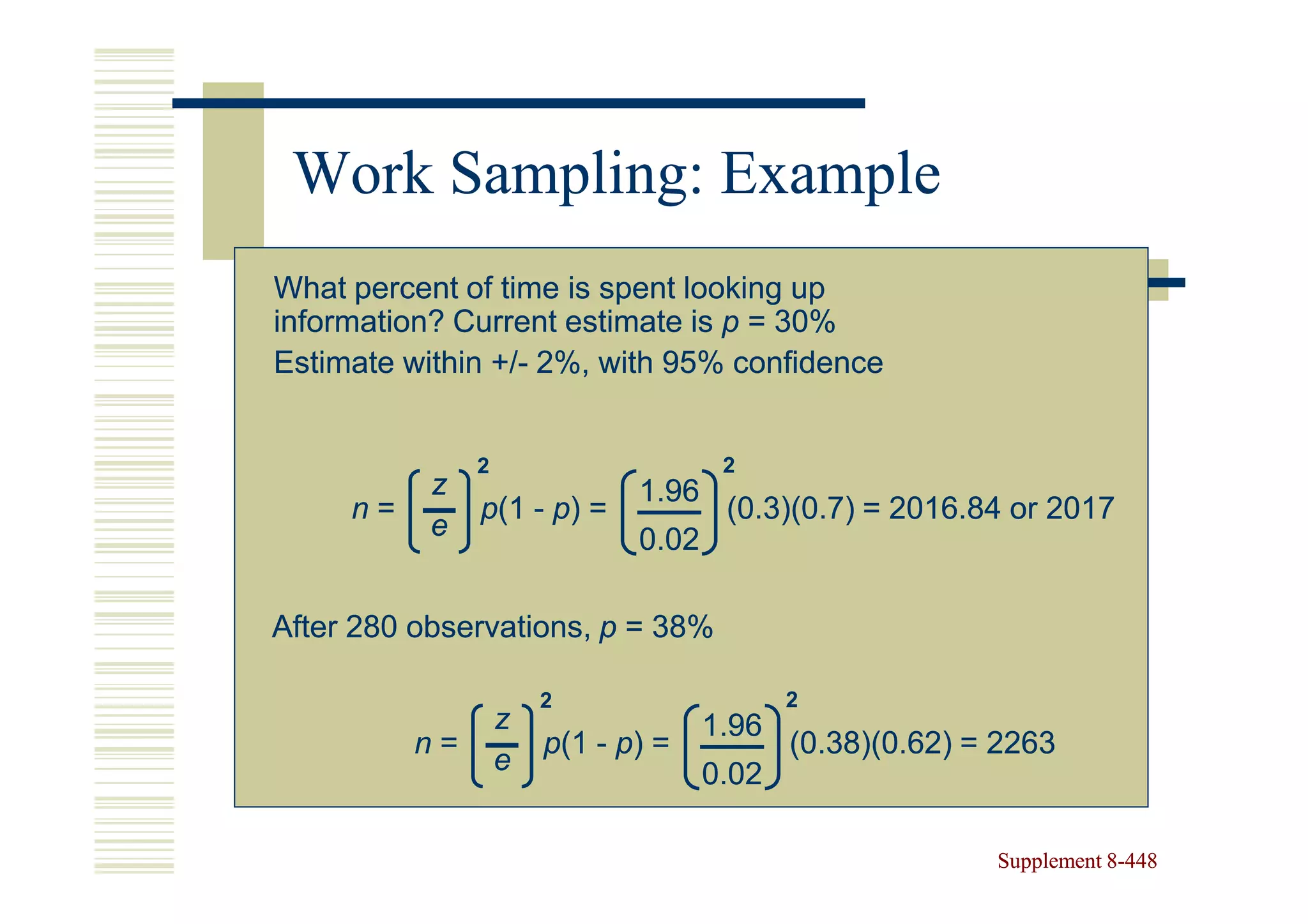 Work Sampling: Example
What percent of time is spent looking up
information? Current estimate is p = 30%
Estimate within +/- 2%, with 95% confidence
                +/-


               2                      2
           z                  1.96
     n=        p(1 - p) =             (0.3)(0.7) = 2016.84 or 2017
           e                  0.02

After 280 observations, p = 38%

                       2                    2
                   z                 1.96
          n=           p(1 - p) =           (0.38)(0.62) = 2263
                   e                 0.02

                                                          Supplement 8-448
                                                                     8-
 
