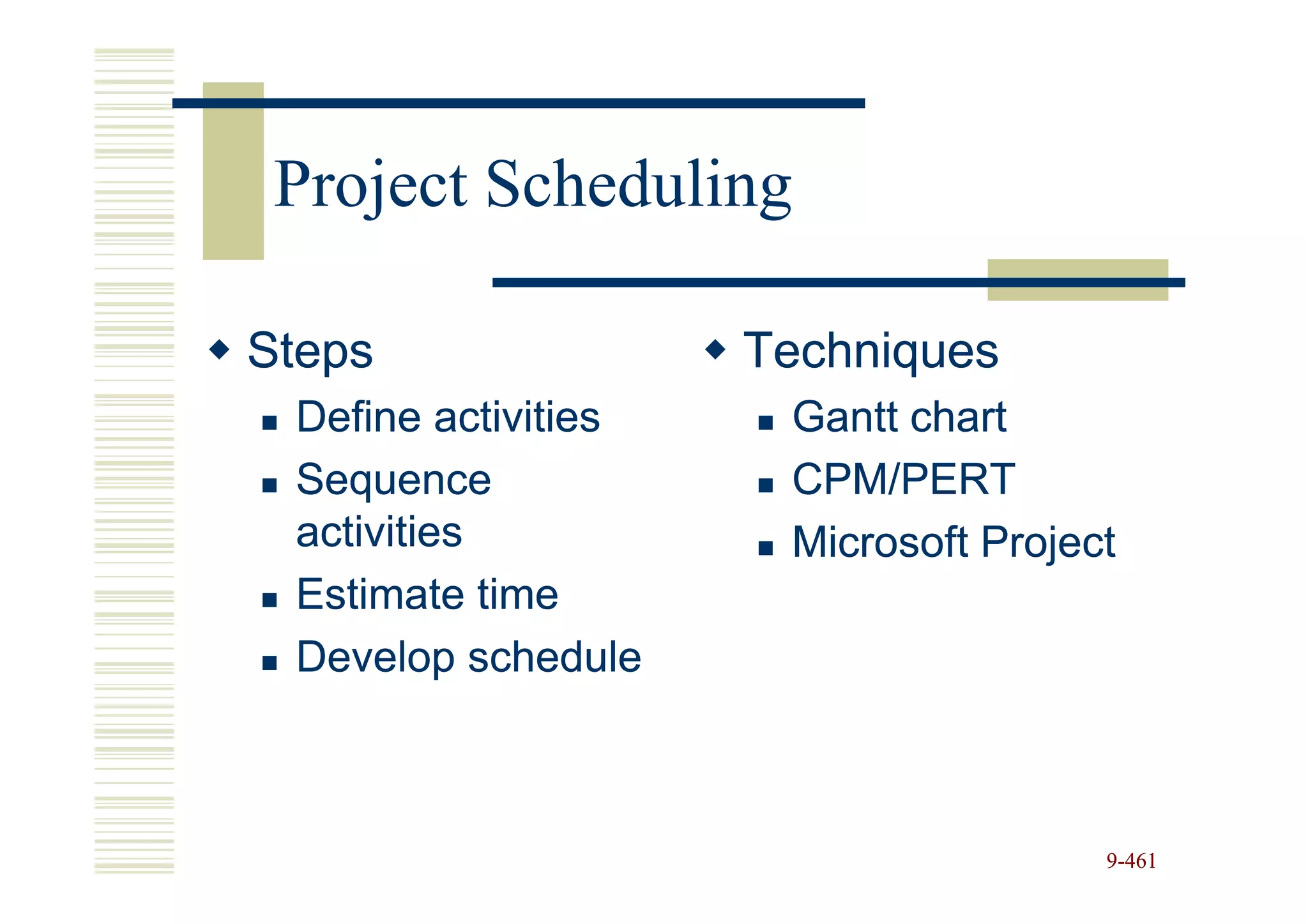 Project Scheduling

Steps                Techniques
 Define activities    Gantt chart
 Sequence             CPM/PERT
 activities           Microsoft Project
 Estimate time
 Develop schedule



                                      9-461
 