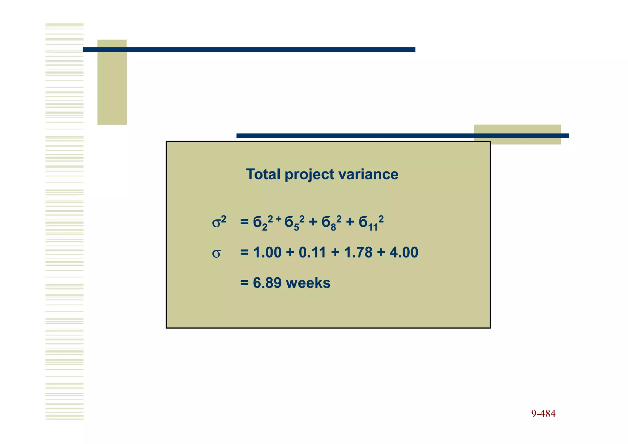 Total project variance


σ2 = б22 + б52 + б82 + б112

σ   = 1.00 + 0.11 + 1.78 + 4.00

    = 6.89 weeks




                                  9-484
 