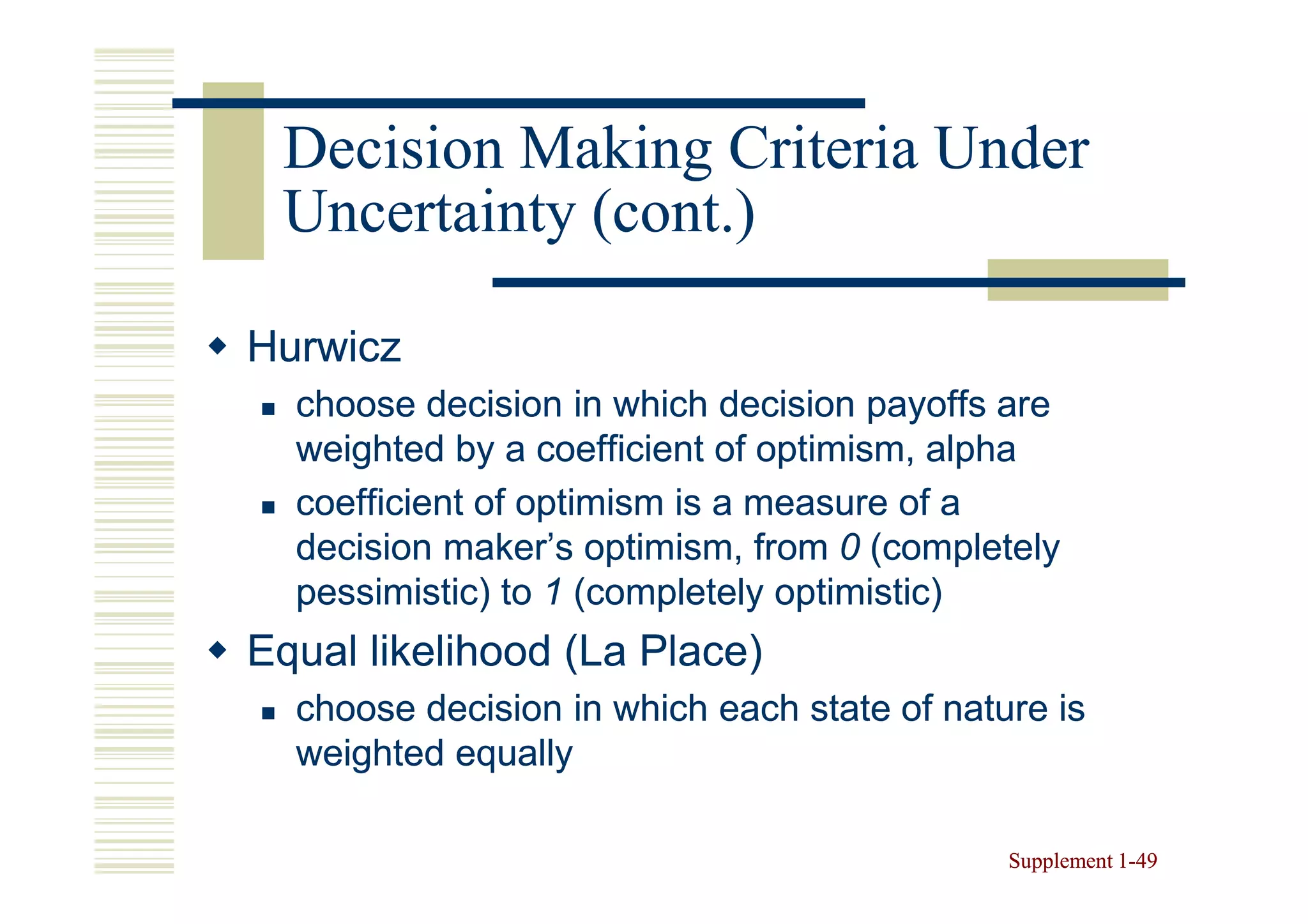 Decision Making Criteria Under
 Uncertainty (cont.)

Hurwicz
  choose decision in which decision payoffs are
  weighted by a coefficient of optimism, alpha
  coefficient of optimism is a measure of a
  decision maker’s optimism, from 0 (completely
  pessimistic) to 1 (completely optimistic)
Equal likelihood (La Place)
  choose decision in which each state of nature is
  weighted equally

                                             Supplement 1-49
                                                        1-
 