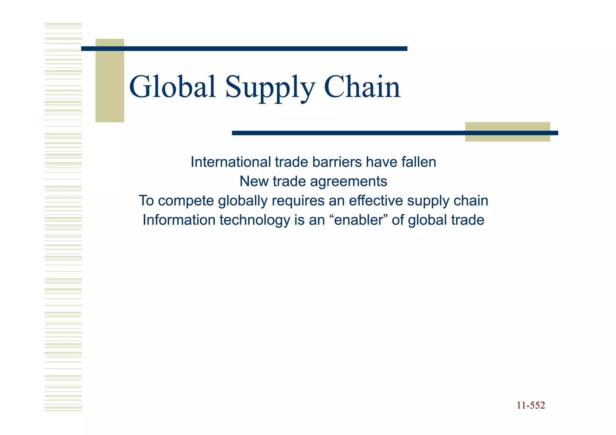 Global Supply Chain

        International trade barriers have fallen
                New trade agreements
To compete globally requires an effective supply chain
 Information technology is an “enabler” of global trade




                                                          11-552
                                                          11-
 