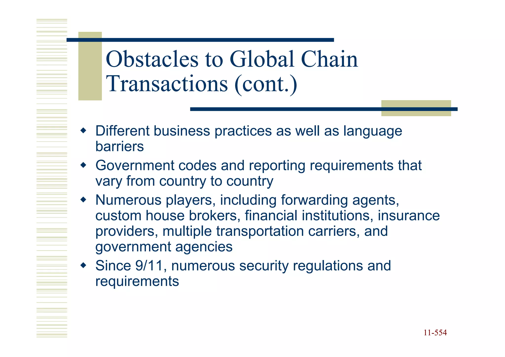 Obstacles to Global Chain
 Transactions (cont.)
Different business practices as well as language
barriers
Government codes and reporting requirements that
vary from country to country
Numerous players, including forwarding agents,
custom house brokers, financial institutions, insurance
providers, multiple transportation carriers, and
government agencies
Since 9/11, numerous security regulations and
requirements


                                                    11-554
                                                    11-
 