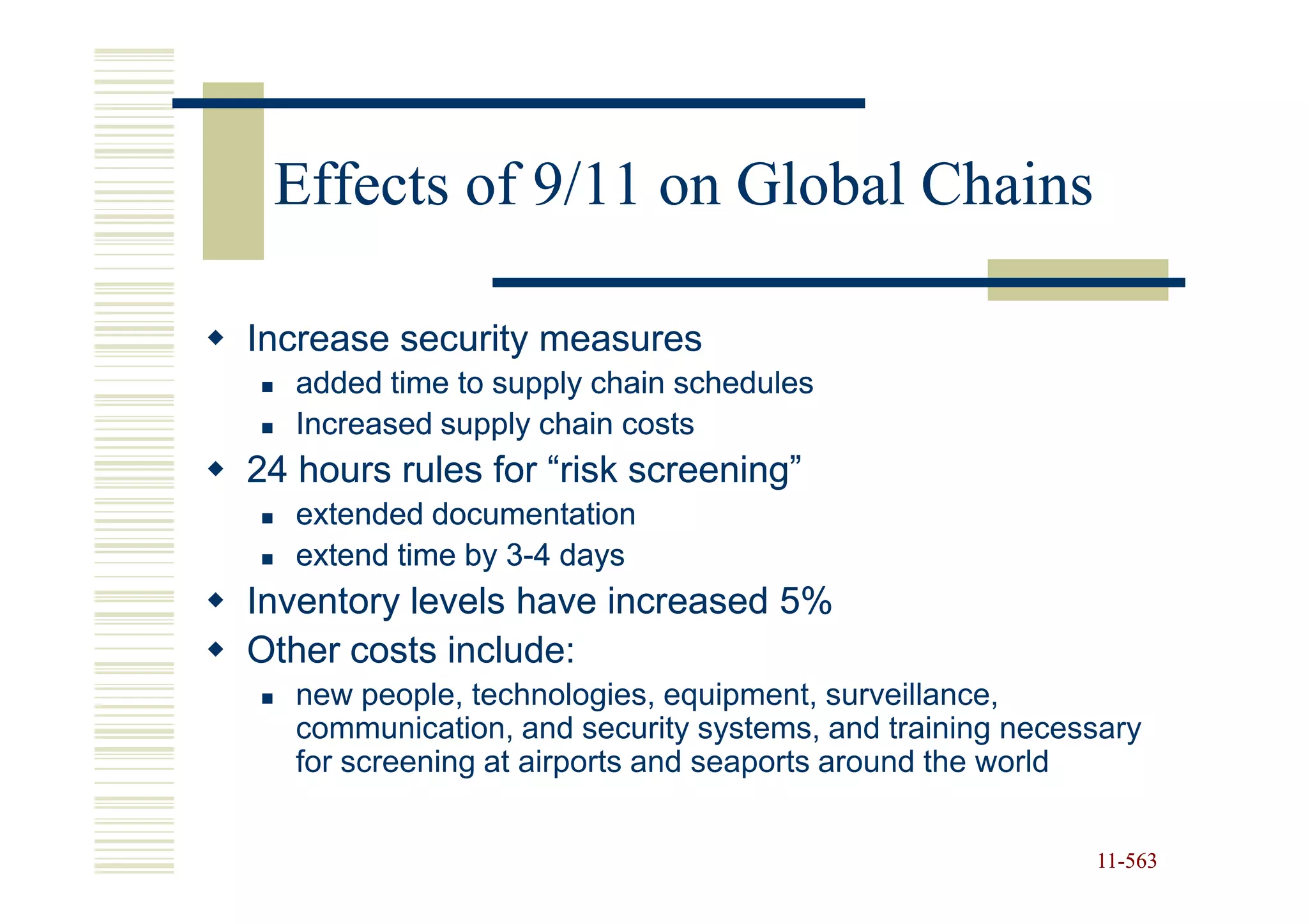 Effects of 9/11 on Global Chains

Increase security measures
   added time to supply chain schedules
   Increased supply chain costs
24 hours rules for “risk screening”
   extended documentation
   extend time by 3-4 days
                  3-
Inventory levels have increased 5%
Other costs include:
   new people, technologies, equipment, surveillance,
   communication, and security systems, and training necessary
   for screening at airports and seaports around the world


                                                          11-563
                                                          11-
 