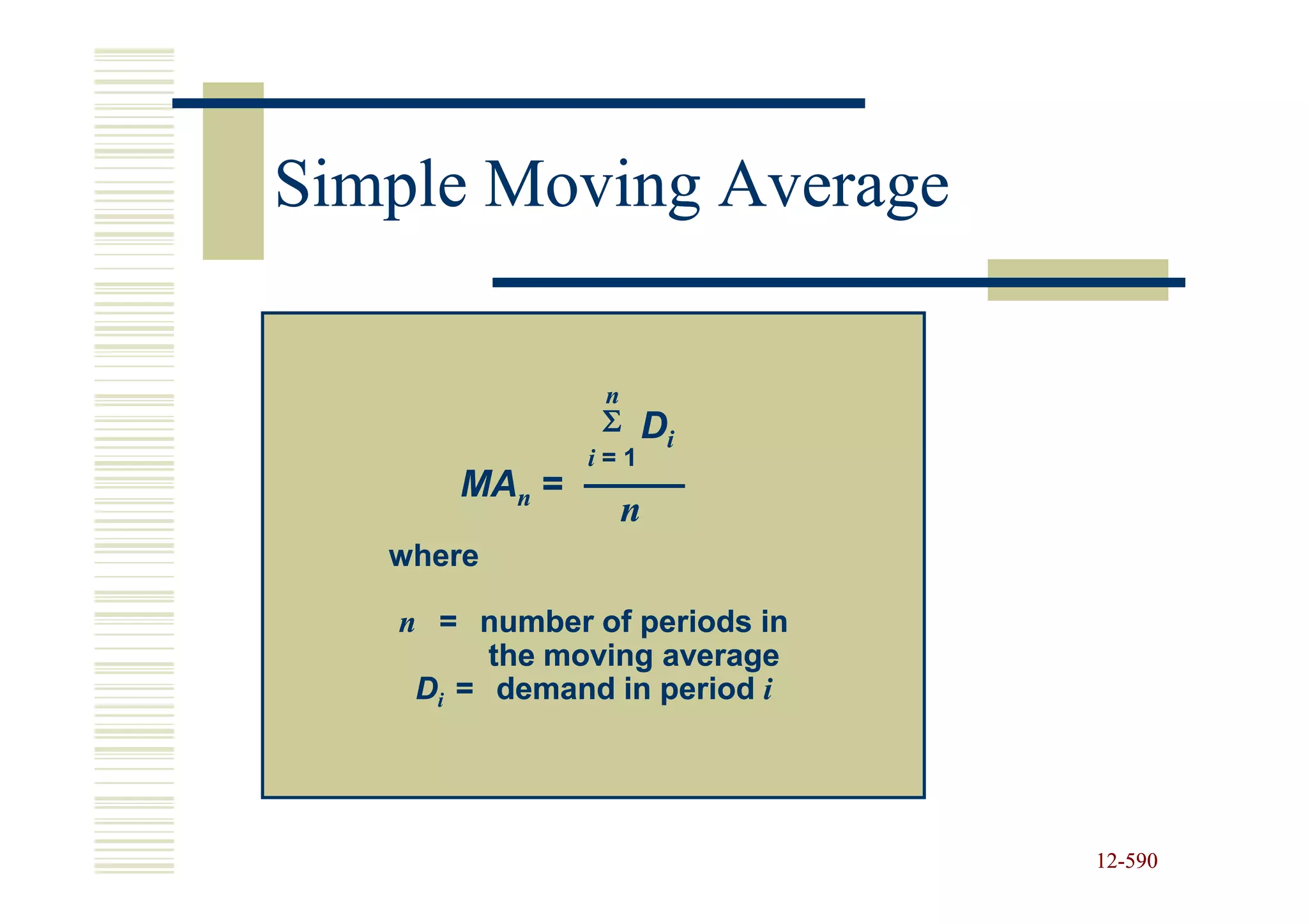 Simple Moving Average

               n
               Σ D
                  i
              i=1
      MAn =
                   n
   where

   n = number of periods in
         the moving average
    Di = demand in period i




                              12-590
                              12-
 