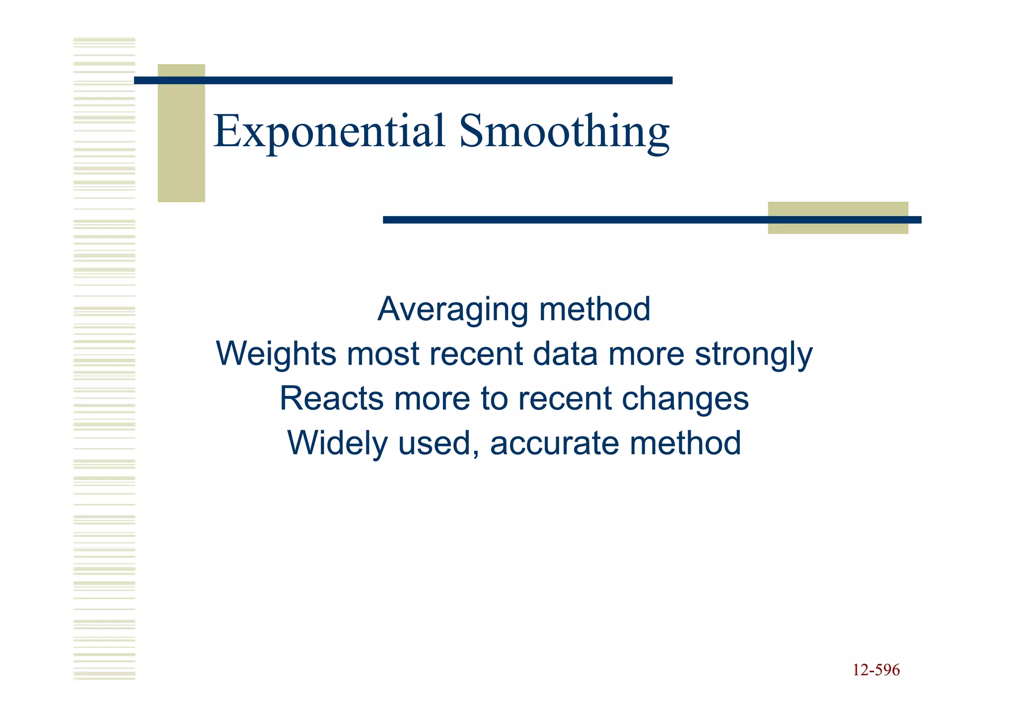 Exponential Smoothing


         Averaging method
Weights most recent data more strongly
   Reacts more to recent changes
    Widely used, accurate method




                                         12-596
                                         12-
 