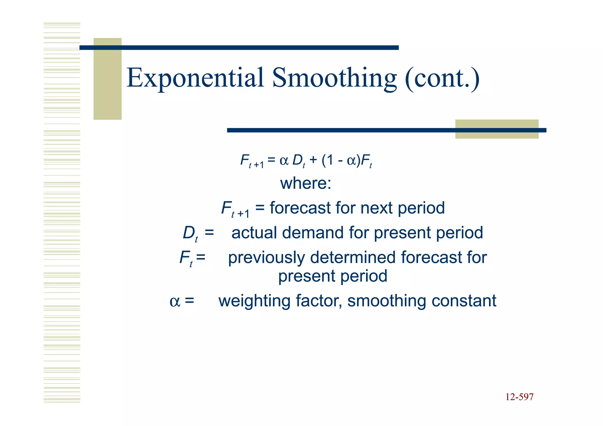 Exponential Smoothing (cont.)

           Ft +1 = α Dt + (1 - α)Ft
                   where:
         Ft +1 = forecast for next period
    Dt = actual demand for present period
    Ft = previously determined forecast for
                  present period
   α = weighting factor, smoothing constant




                                              12-597
                                              12-
 