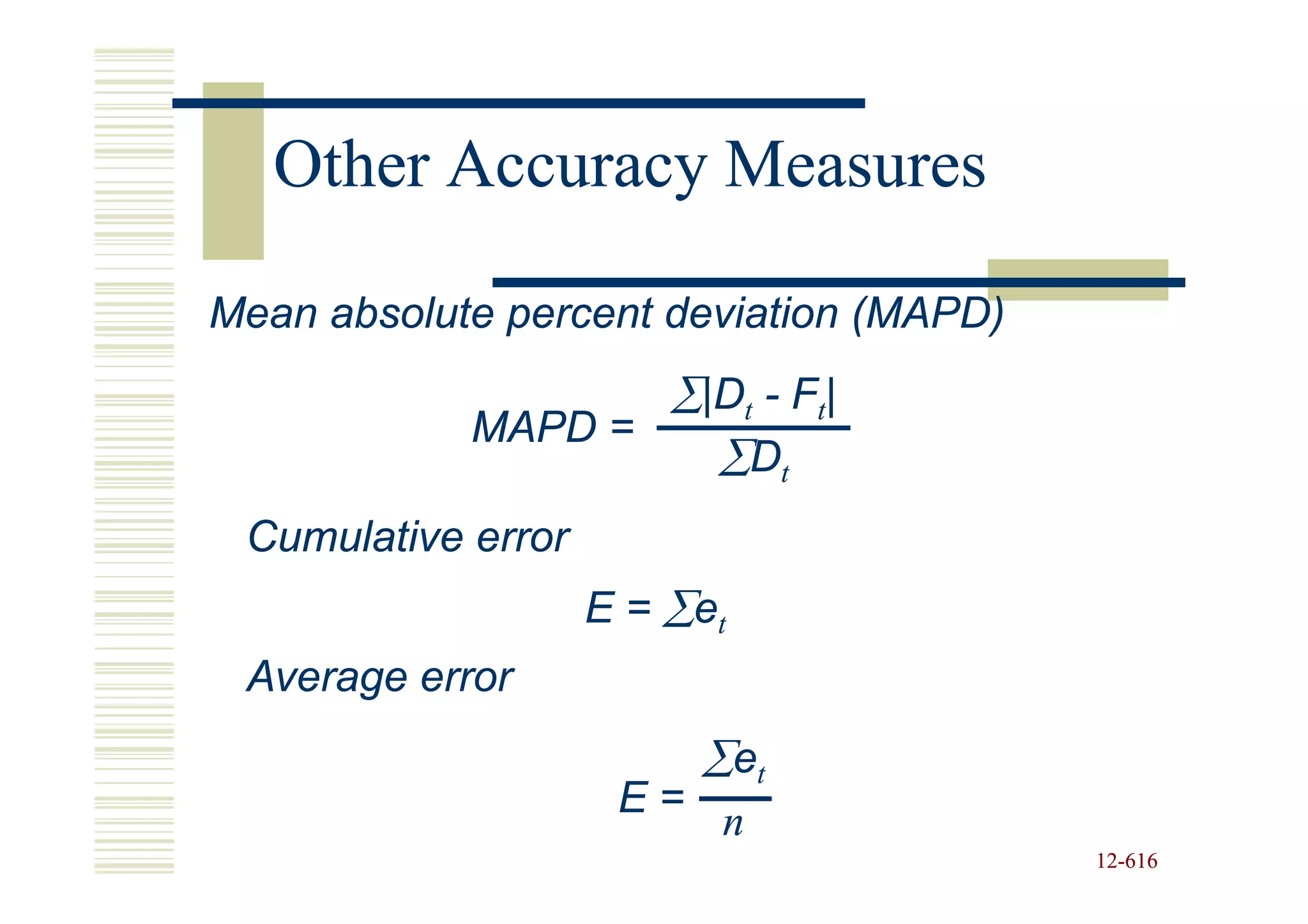 Other Accuracy Measures

Mean absolute percent deviation (MAPD)
                   ∑|Dt - Ft|
            MAPD =
                     ∑Dt
 Cumulative error
                    E = ∑et
 Average error
                          ∑et
                     E=
                          n
                                         12-616
                                         12-
 