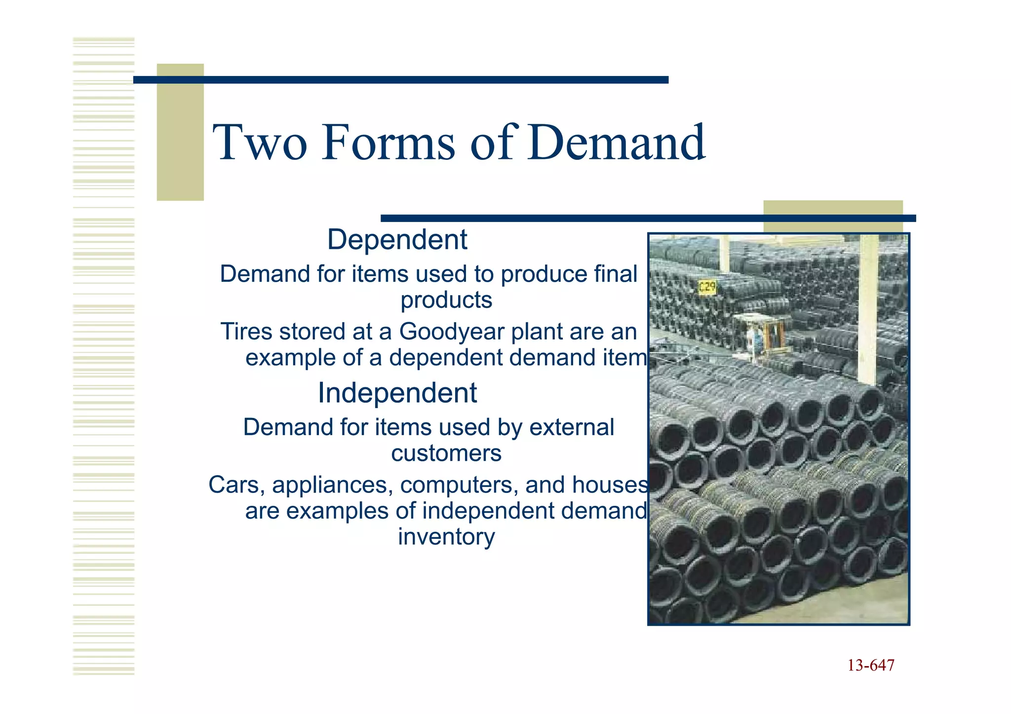 Two Forms of Demand
          Dependent
 Demand for items used to produce final
                   products
 Tires stored at a Goodyear plant are an
    example of a dependent demand item
         Independent
  Demand for items used by external
                 customers
Cars, appliances, computers, and houses
   are examples of independent demand
                  inventory




                                           13-647
                                           13-
 
