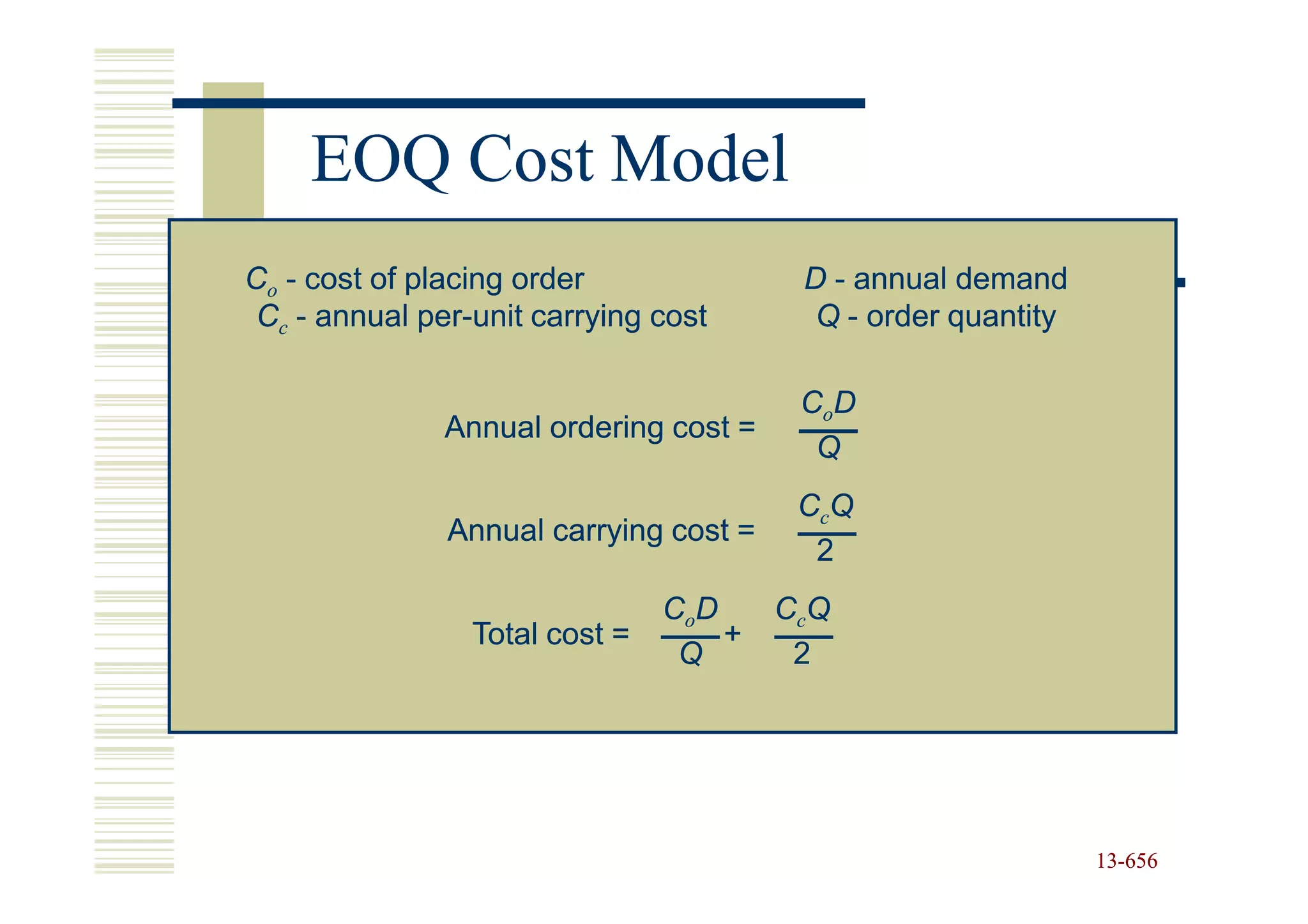 EOQ Cost Model
Co - cost of placing order               D - annual demand
 Cc - annual per-unit carrying cost
              per-                        Q - order quantity

                                         CoD
               Annual ordering cost =
                                          Q
                                         CcQ
               Annual carrying cost =
                                          2
                                CoD     CcQ
                 Total cost =       +
                                 Q       2




                                                               13-656
                                                               13-
 