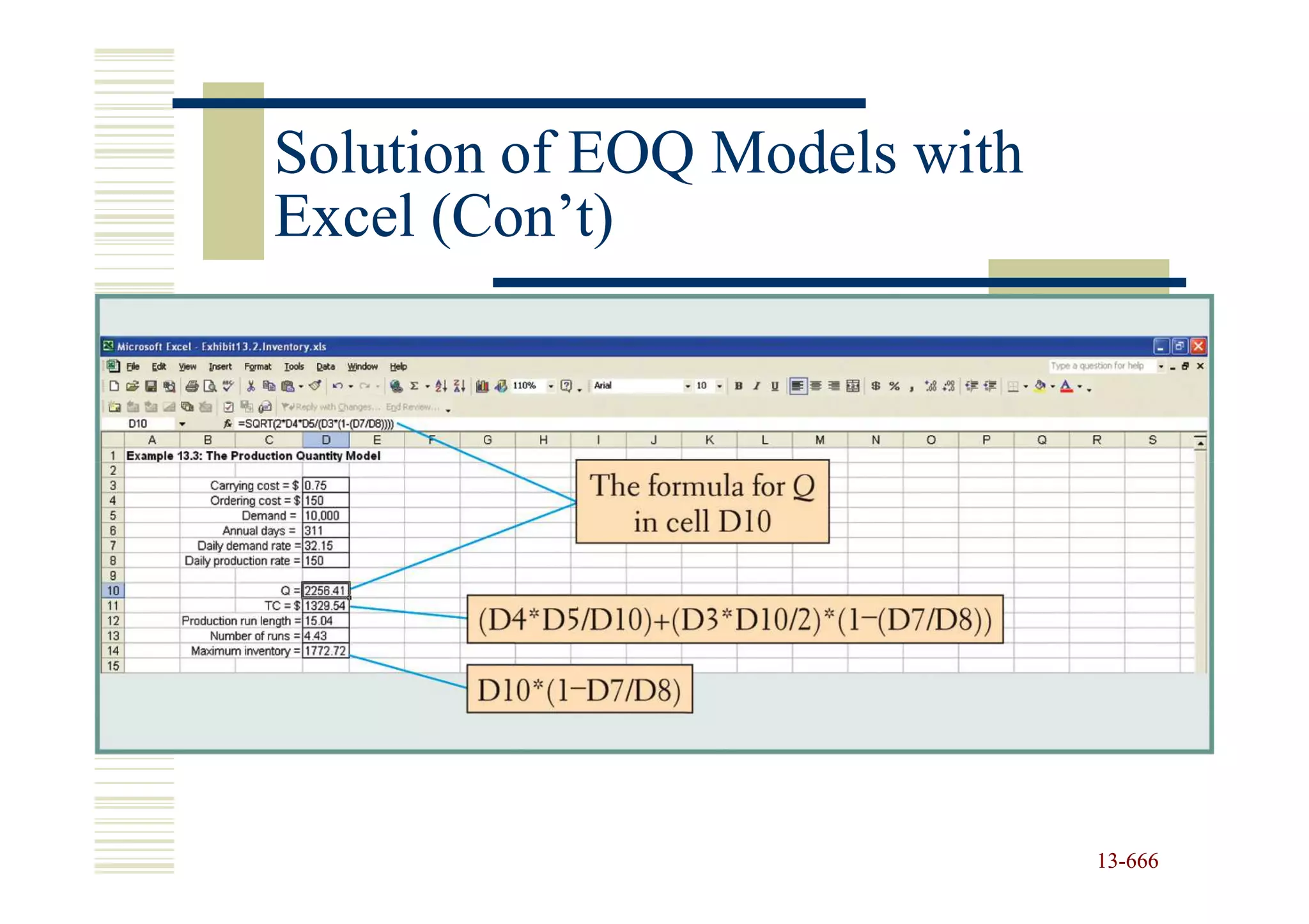 Solution of EOQ Models with
Excel (Con’t)




                              13-666
                              13-
 
