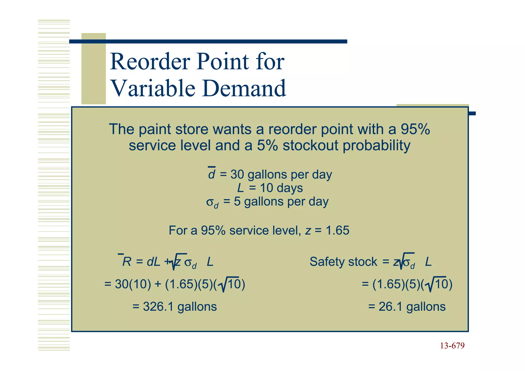 Reorder Point for
Variable Demand
The paint store wants a reorder point with a 95%
  service level and a 5% stockout probability
                  d = 30 gallons per day
                       L = 10 days
                  σd = 5 gallons per day

           For a 95% service level, z = 1.65

   R = dL + z σd L                  Safety stock = z σd L
= 30(10) + (1.65)(5)( 10)                      = (1.65)(5)( 10)
    = 326.1 gallons                             = 26.1 gallons


                                                            13-679
                                                            13-
 