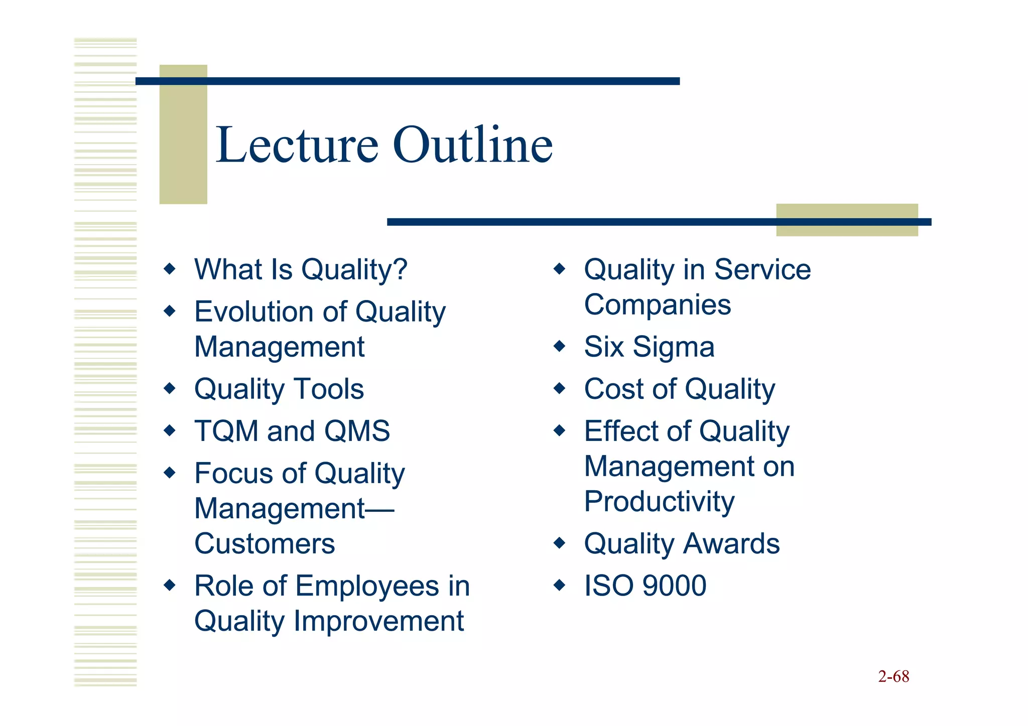 Lecture Outline

What Is Quality?       Quality in Service
Evolution of Quality   Companies
Management             Six Sigma
Quality Tools          Cost of Quality
TQM and QMS            Effect of Quality
Focus of Quality       Management on
Management—
Management—            Productivity
Customers              Quality Awards
Role of Employees in   ISO 9000
Quality Improvement
                                            2-68
 