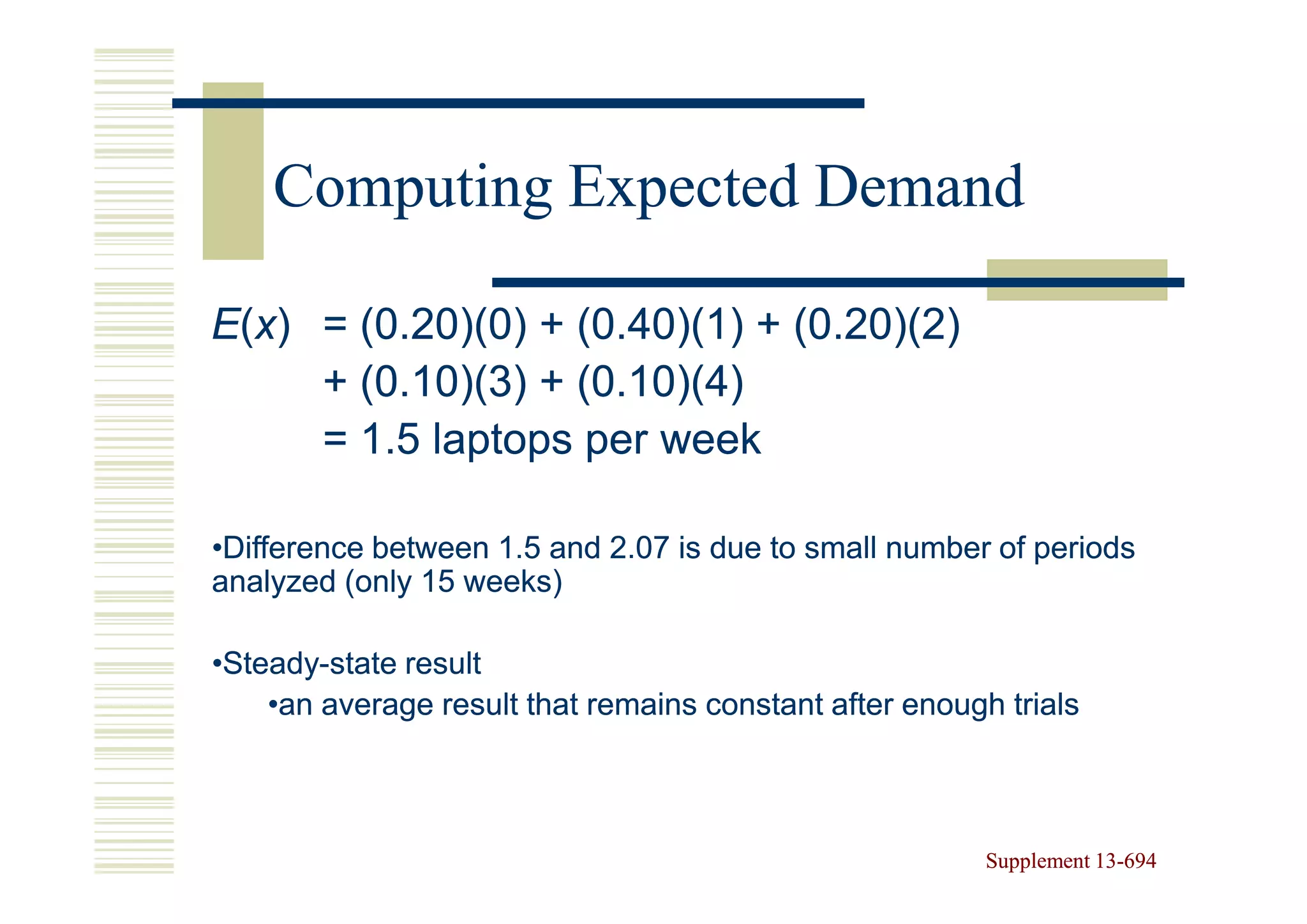Computing Expected Demand

E(x) = (0.20)(0) + (0.40)(1) + (0.20)(2)
     + (0.10)(3) + (0.10)(4)
     = 1.5 laptops per week

•Difference between 1.5 and 2.07 is due to small number of periods
analyzed (only 15 weeks)

•Steady-state result
 Steady-
    •an average result that remains constant after enough trials



                                                         Supplement 13-694
                                                                    13-
 