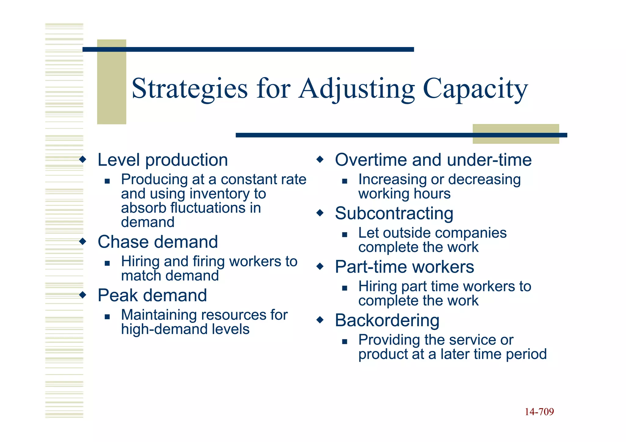 Strategies for Adjusting Capacity

Level production                 Overtime and under-time
                                              under-
  Producing at a constant rate     Increasing or decreasing
  and using inventory to           working hours
  absorb fluctuations in         Subcontracting
  demand
                                   Let outside companies
Chase demand                       complete the work
  Hiring and firing workers to   Part-
                                 Part-time workers
  match demand
                                   Hiring part time workers to
Peak demand                        complete the work
  Maintaining resources for      Backordering
  high-
  high-demand levels
                                   Providing the service or
                                   product at a later time period


                                                              14-709
                                                              14-
 