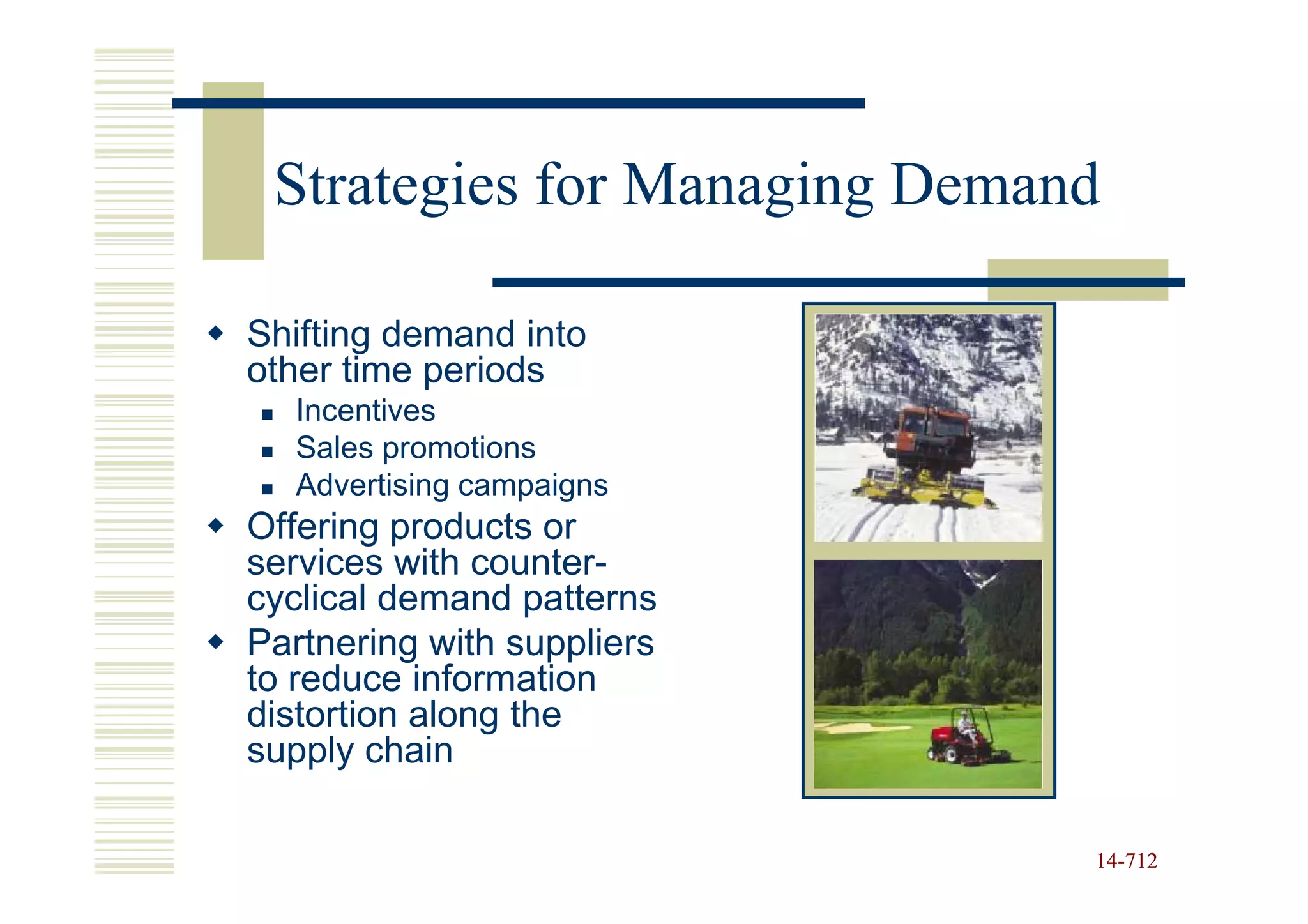 Strategies for Managing Demand

Shifting demand into
other time periods
  Incentives
  Sales promotions
  Advertising campaigns
Offering products or
services with counter-
cyclical demand patterns
Partnering with suppliers
to reduce information
distortion along the
supply chain

                              14-712
                              14-
 
