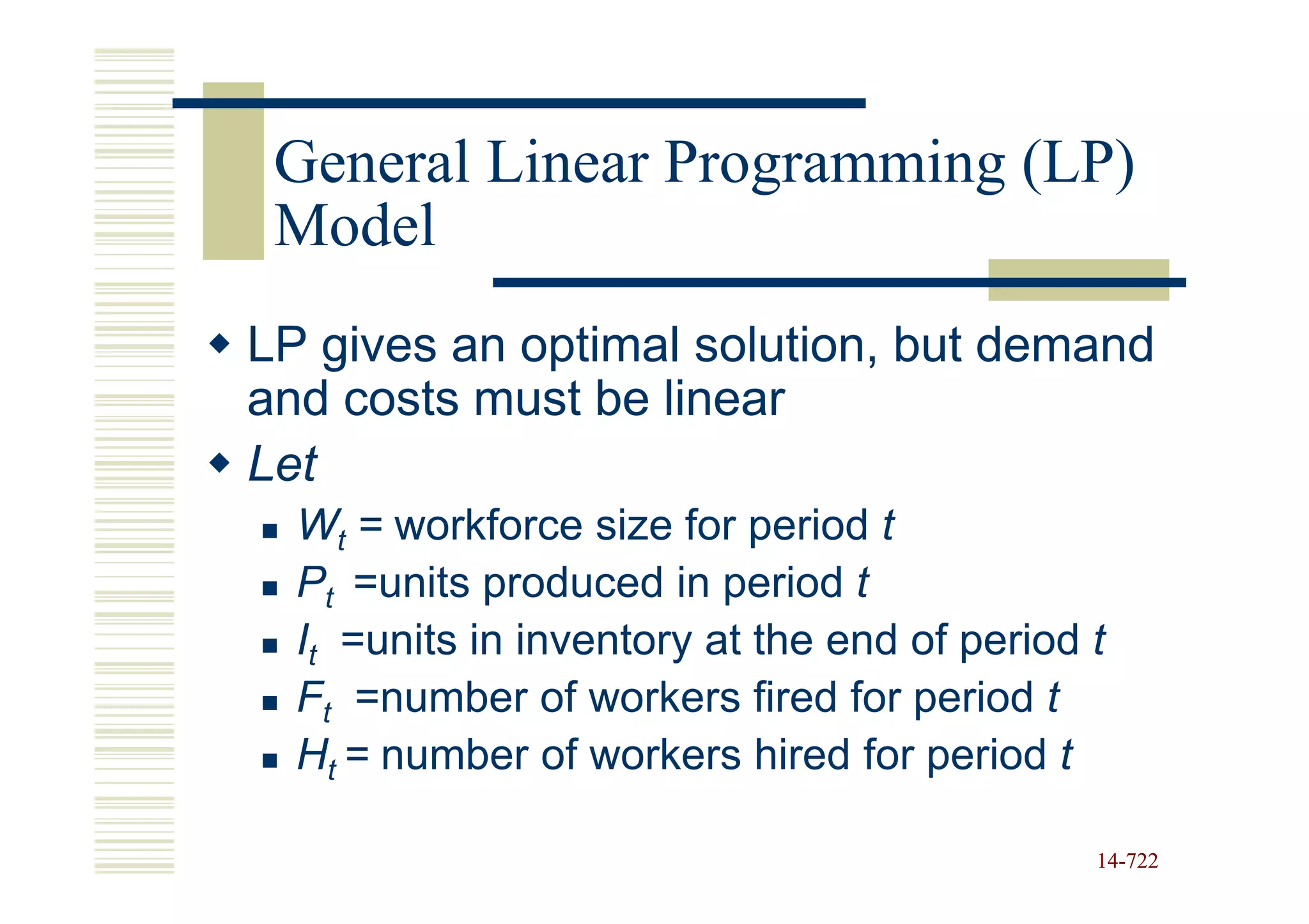 General Linear Programming (LP)
 Model
LP gives an optimal solution, but demand
and costs must be linear
Let
  Wt = workforce size for period t
  Pt =units produced in period t
  It =units in inventory at the end of period t
  Ft =number of workers fired for period t
  Ht = number of workers hired for period t

                                              14-722
                                              14-
 