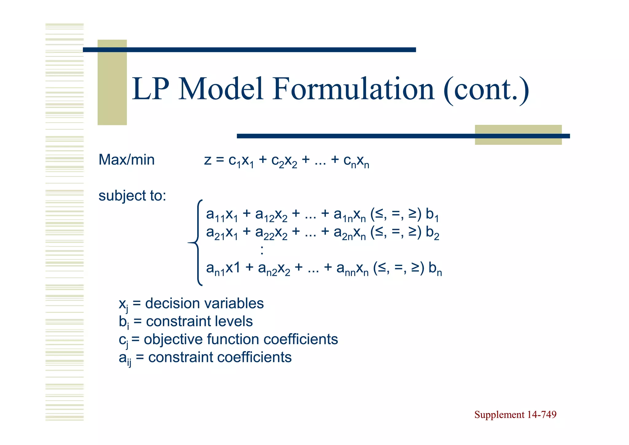LP Model Formulation (cont.)
Max/min          z = c1x1 + c2x2 + ... + cnxn

subject to:
                 a11x1 + a12x2 + ... + a1nxn (≤, =, ≥) b1
                 a21x1 + a22x2 + ... + a2nxn (≤, =, ≥) b2
                          :
                 an1x1 + an2x2 + ... + annxn (≤, =, ≥) bn

   xj = decision variables
   bi = constraint levels
   cj = objective function coefficients
   aij = constraint coefficients


                                                            Supplement 14-749
                                                                       14-
 