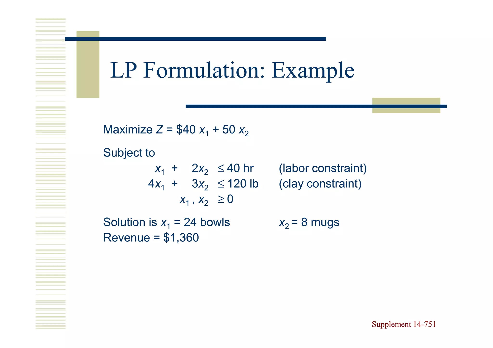 LP Formulation: Example

Maximize Z = $40 x1 + 50 x2
Subject to
          x1 +      2x2 ≤ 40 hr    (labor constraint)
         4x1 +      3x2 ≤ 120 lb   (clay constraint)
                 x1 , x2 ≥ 0
Solution is x1 = 24 bowls          x2 = 8 mugs
Revenue = $1,360




                                                        Supplement 14-751
                                                                   14-
 