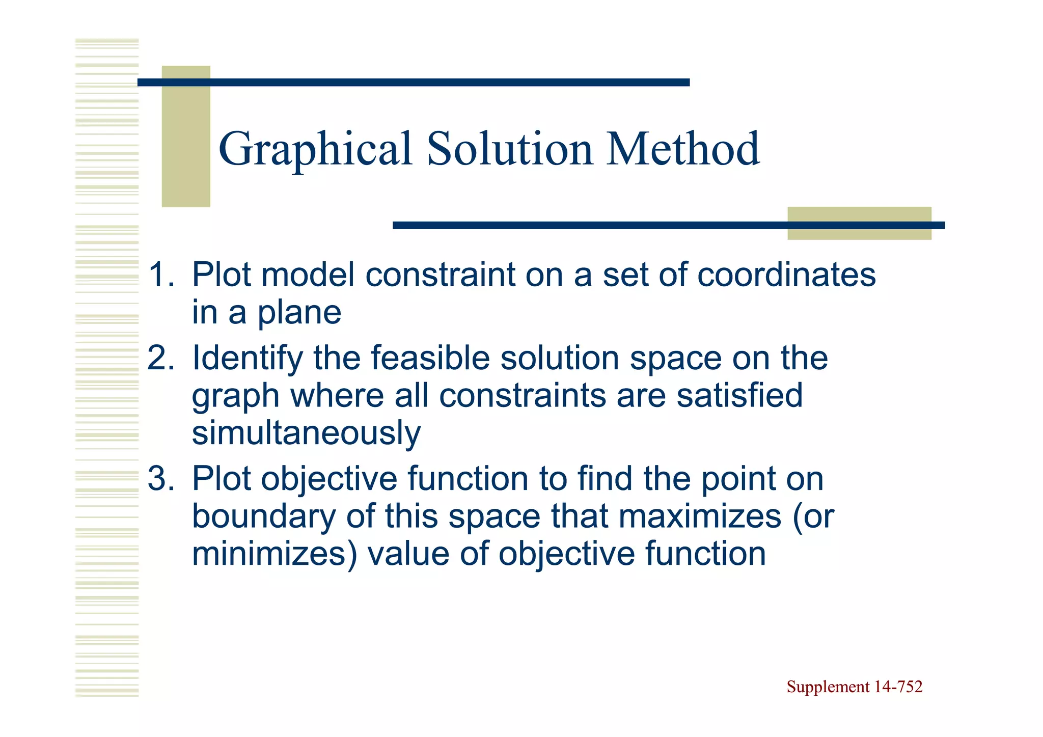 Graphical Solution Method

1. Plot model constraint on a set of coordinates
   in a plane
2. Identify the feasible solution space on the
   graph where all constraints are satisfied
   simultaneously
3. Plot objective function to find the point on
   boundary of this space that maximizes (or
   minimizes) value of objective function


                                          Supplement 14-752
                                                     14-
 