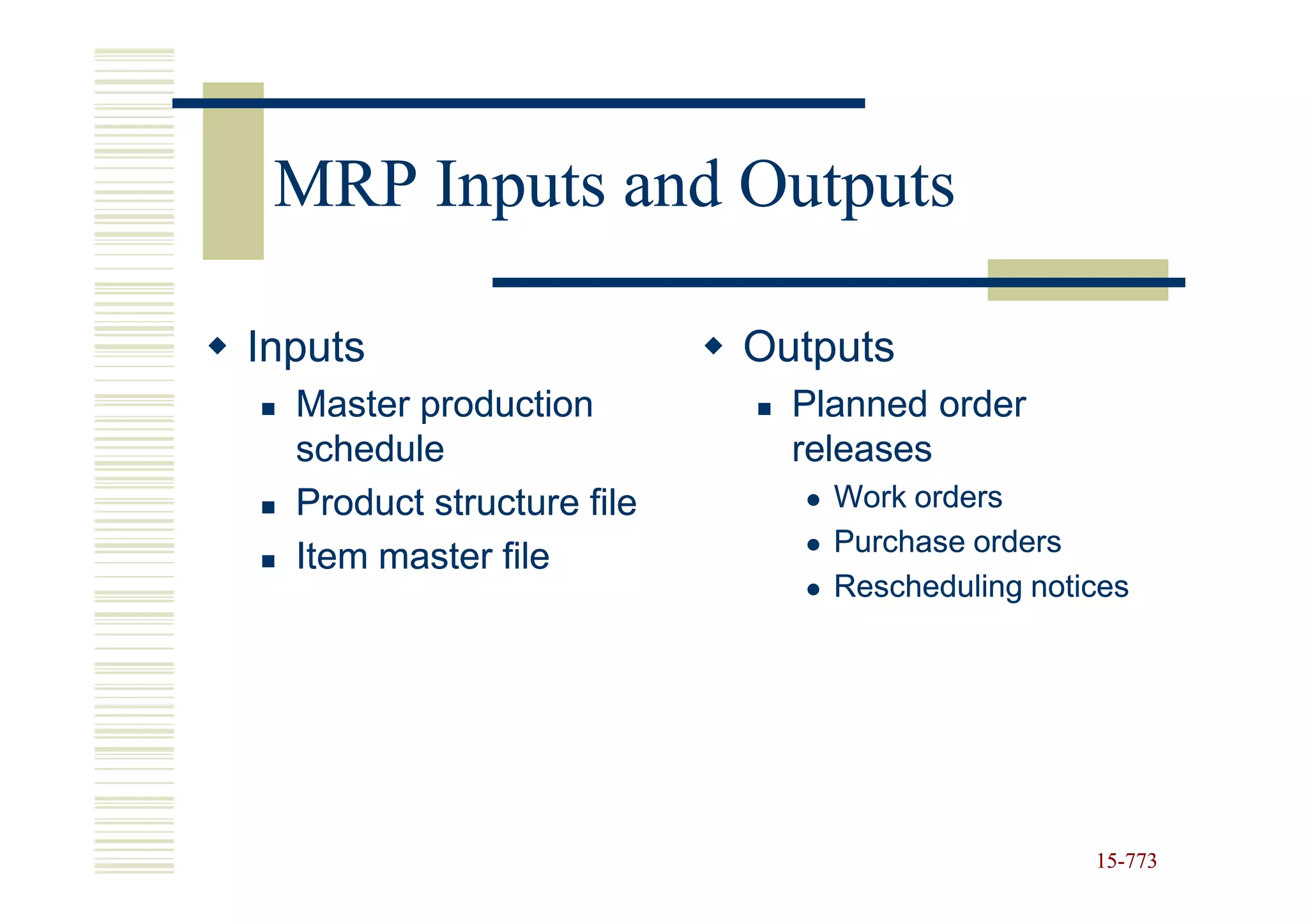 MRP Inputs and Outputs

Inputs                     Outputs
  Master production          Planned order
  schedule                   releases
  Product structure file       Work orders
                               Purchase orders
  Item master file
                               Rescheduling notices




                                                15-773
                                                15-
 