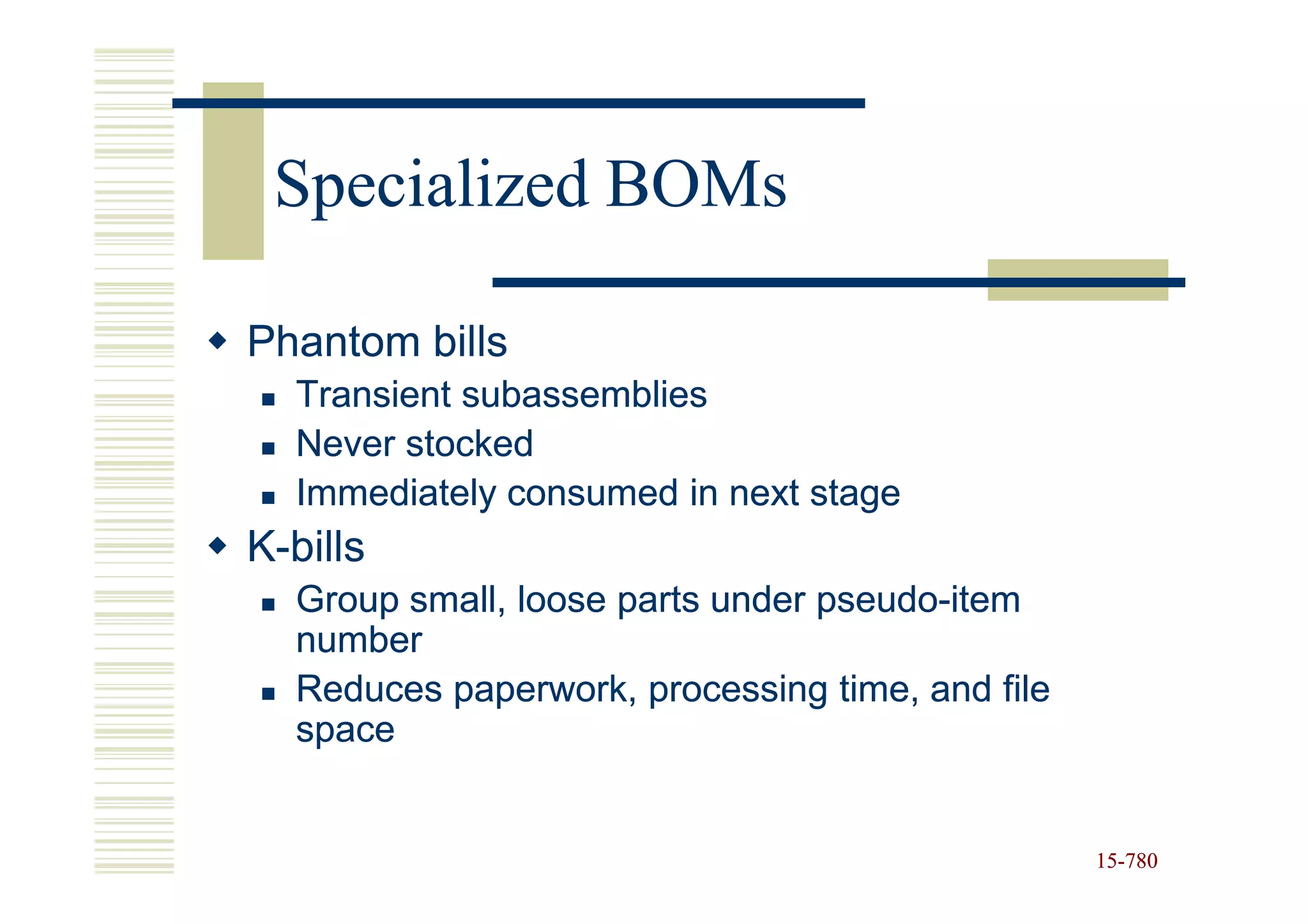 Specialized BOMs

Phantom bills
  Transient subassemblies
  Never stocked
  Immediately consumed in next stage
K-bills
  Group small, loose parts under pseudo-item
                                 pseudo-
  number
  Reduces paperwork, processing time, and file
  space


                                                 15-780
                                                 15-
 