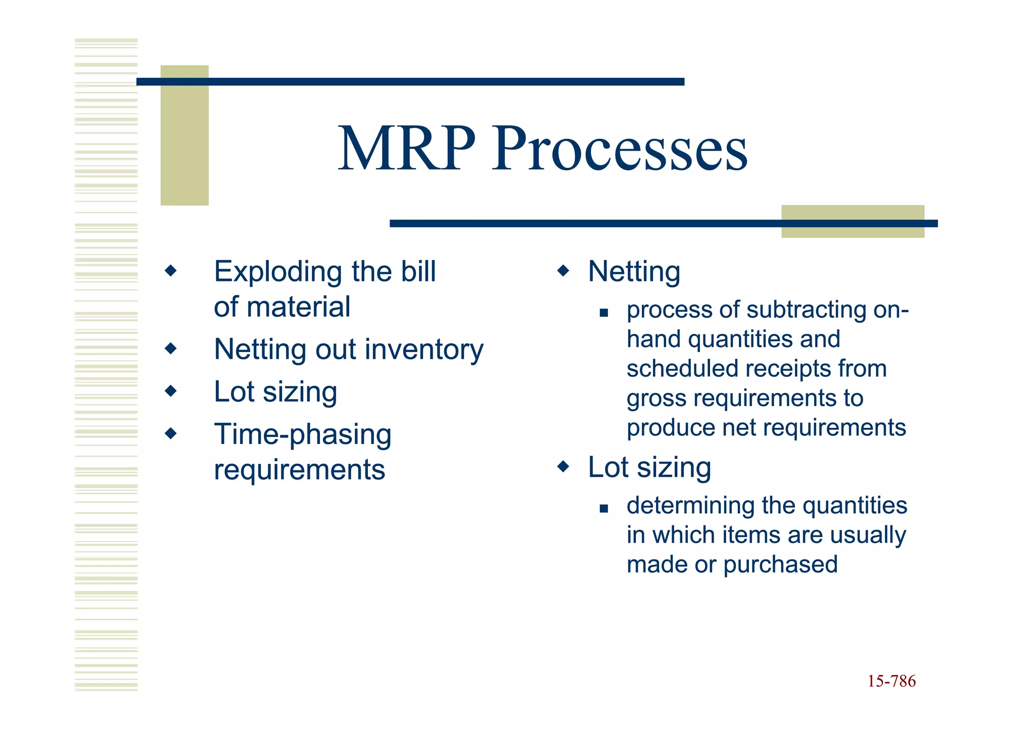 MRP Processes
Exploding the bill      Netting
of material                process of subtracting on-
                                                  on-
Netting out inventory      hand quantities and
                           scheduled receipts from
Lot sizing                 gross requirements to
Time-
Time-phasing               produce net requirements
requirements            Lot sizing
                           determining the quantities
                           in which items are usually
                           made or purchased



                                                 15-786
                                                 15-
 