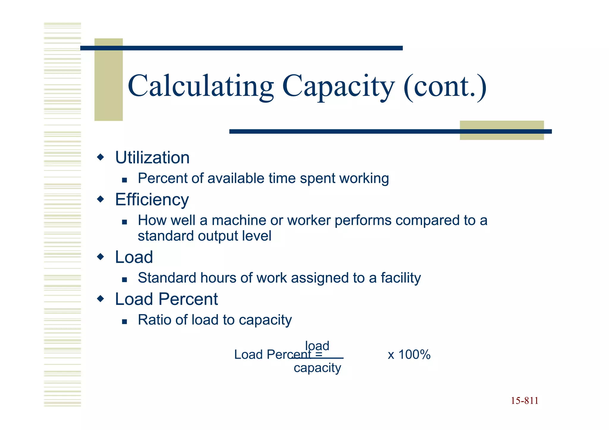 Calculating Capacity (cont.)

Utilization
   Percent of available time spent working
Efficiency
   How well a machine or worker performs compared to a
   standard output level
Load
   Standard hours of work assigned to a facility
Load Percent
   Ratio of load to capacity
                             load
                  Load Percent =          x 100%
                           capacity

                                                         15-811
                                                         15-
 