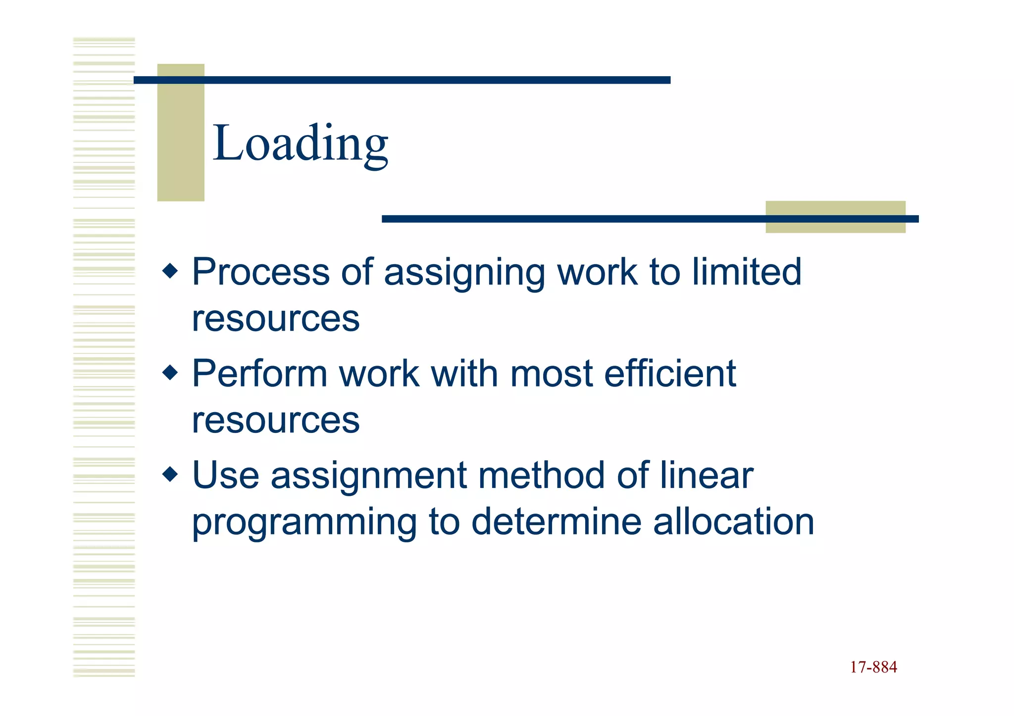 Loading

Process of assigning work to limited
resources
Perform work with most efficient
resources
Use assignment method of linear
programming to determine allocation


                                       17-884
                                       17-
 
