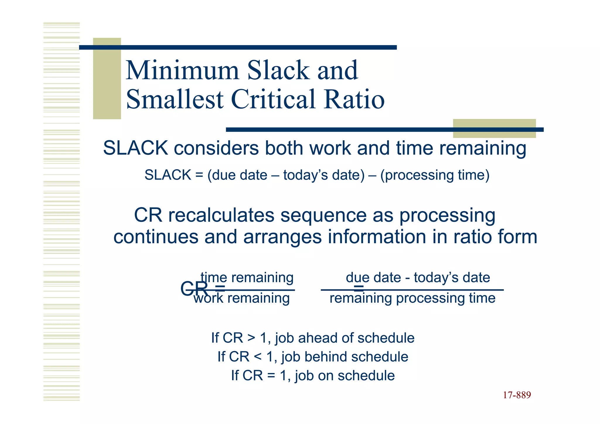Minimum Slack and
  Smallest Critical Ratio
SLACK considers both work and time remaining
    SLACK = (due date – today’s date) – (processing time)

   CR recalculates sequence as processing
 continues and arranges information in ratio form
           time remaining         due date - today’s date
         CR = remaining
          work                     =
                                remaining processing time

              If CR > 1, job ahead of schedule
                If CR < 1, job behind schedule
                   If CR = 1, job on schedule
                                                            17-889
                                                            17-
 