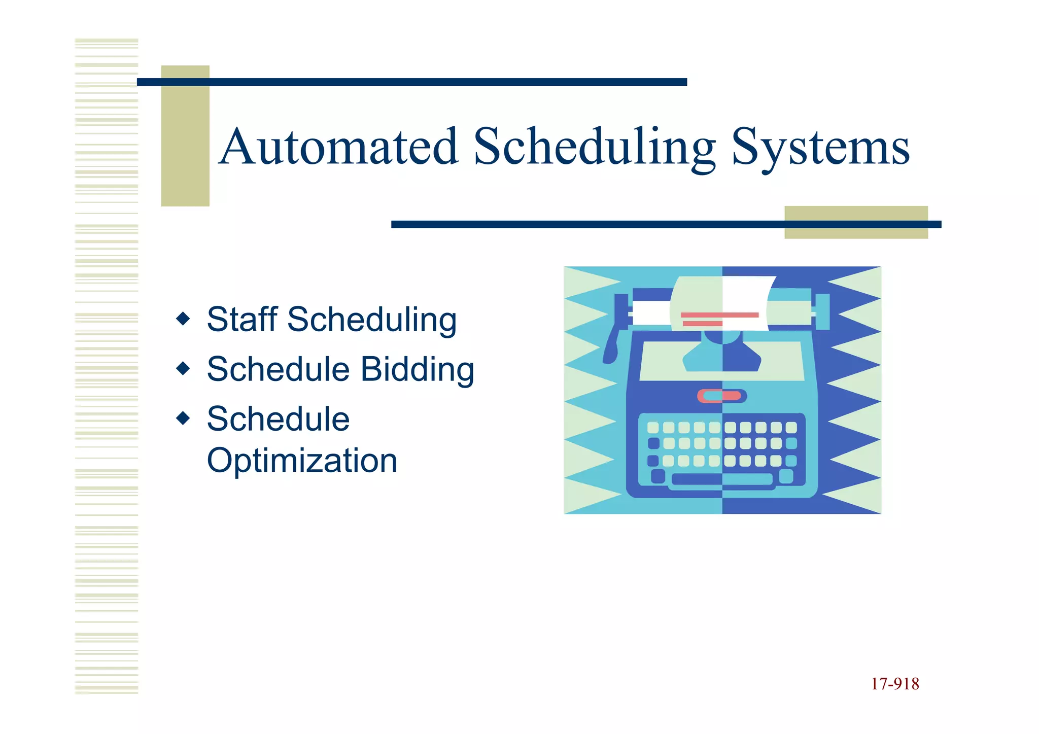 Automated Scheduling Systems


Staff Scheduling
Schedule Bidding
Schedule
Optimization




                          17-918
                          17-
 
