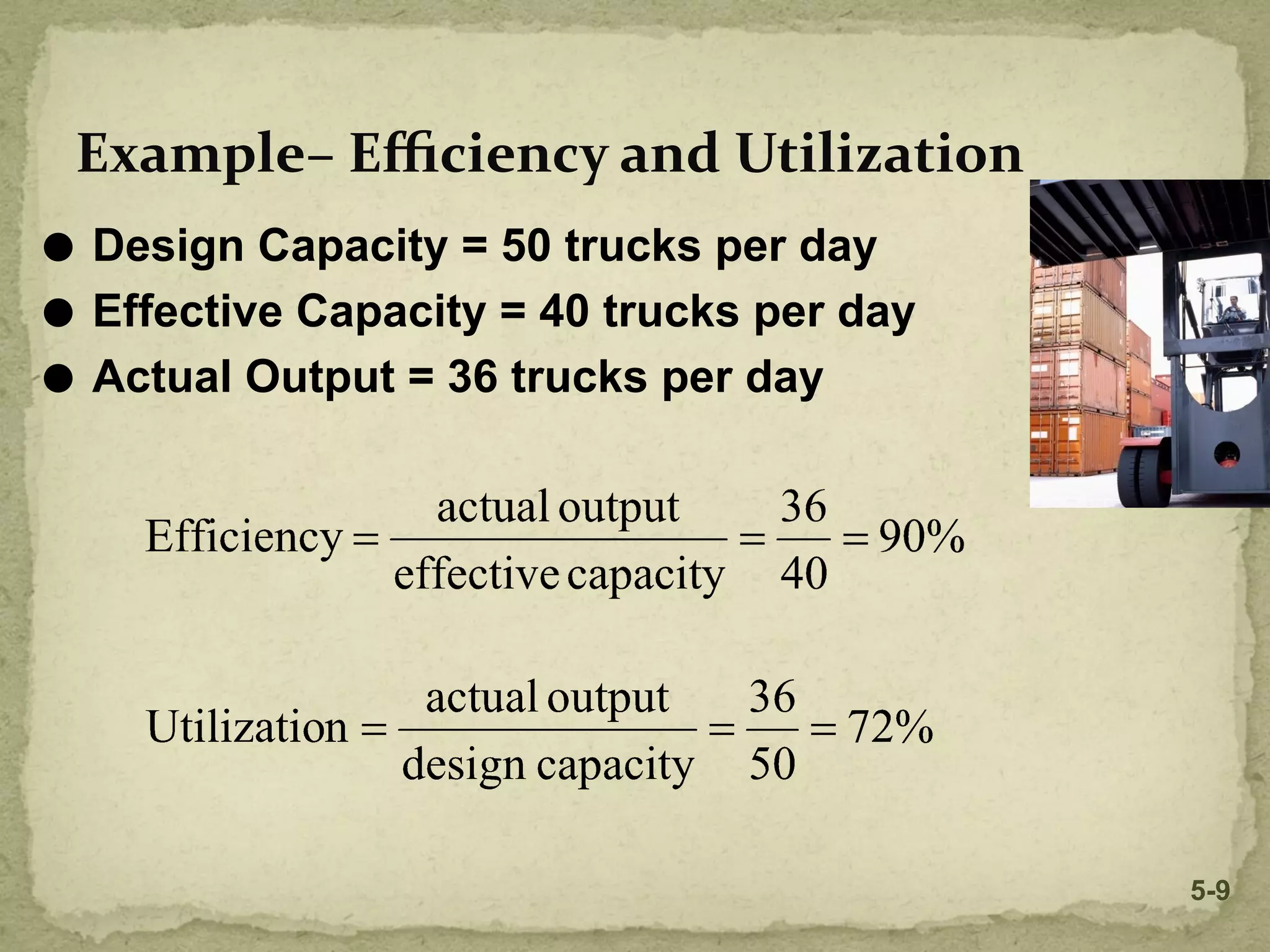 Example– Eﬃciency and Utilization
⚫ Design Capacity = 50 trucks per day
⚫ Effective Capacity = 40 trucks per day
⚫ Actual Output = 36 trucks per day
5-9
 