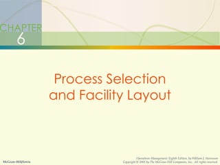 6-2 Process Selection and Facility Layout
CHAPTER
6
Process Selection
and Facility Layout
McGraw-Hill/Irwin
Operations Management, Eighth Edition, by William J. Stevenson
Copyright © 2005 by The McGraw-Hill Companies, Inc. All rights reserved.
 