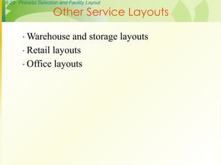 6-25 Process Selection and Facility Layout
∙ Warehouse and storage layouts
∙ Retail layouts
∙ Office layouts
Other Service Layouts
 