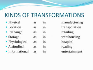 KINDS OF TRANSFORMATIONS
 Physical as in manufacturing
 Location as in transpotation
 Exchange as in retailing
 Storage as in warehousing
 Physiological as in hoapital
 Attitudinal as in reading
 Informational as in entertainment
 